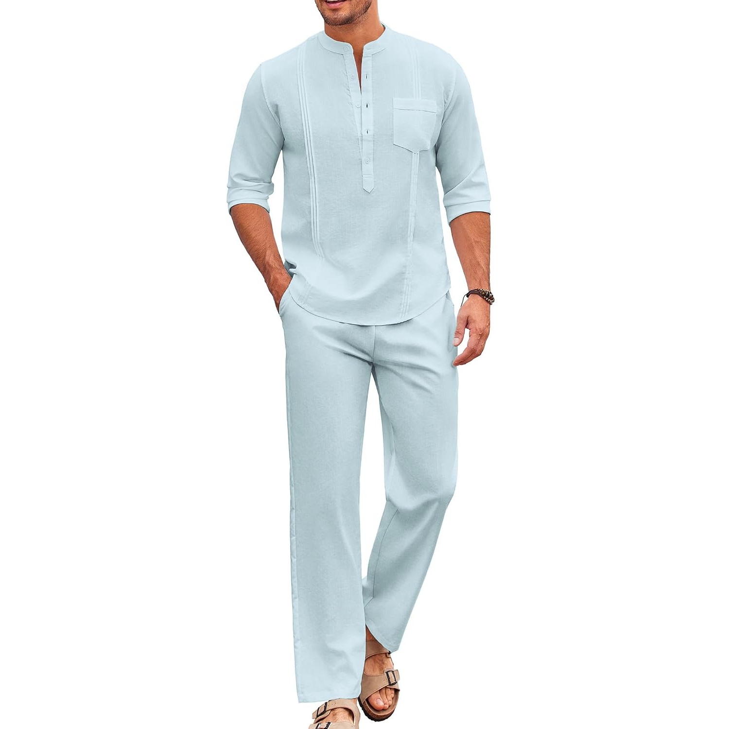 Casual Long Sleeve Loose Beach Shirt And Pant Set For Men