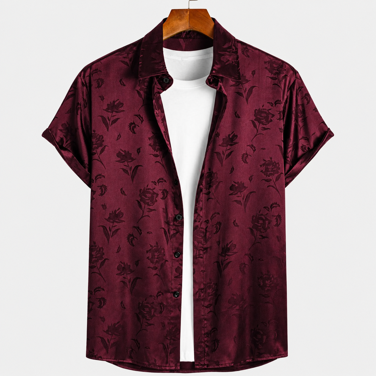  Rose Print Floral Jacquard Short Sleeve Shirt For Men