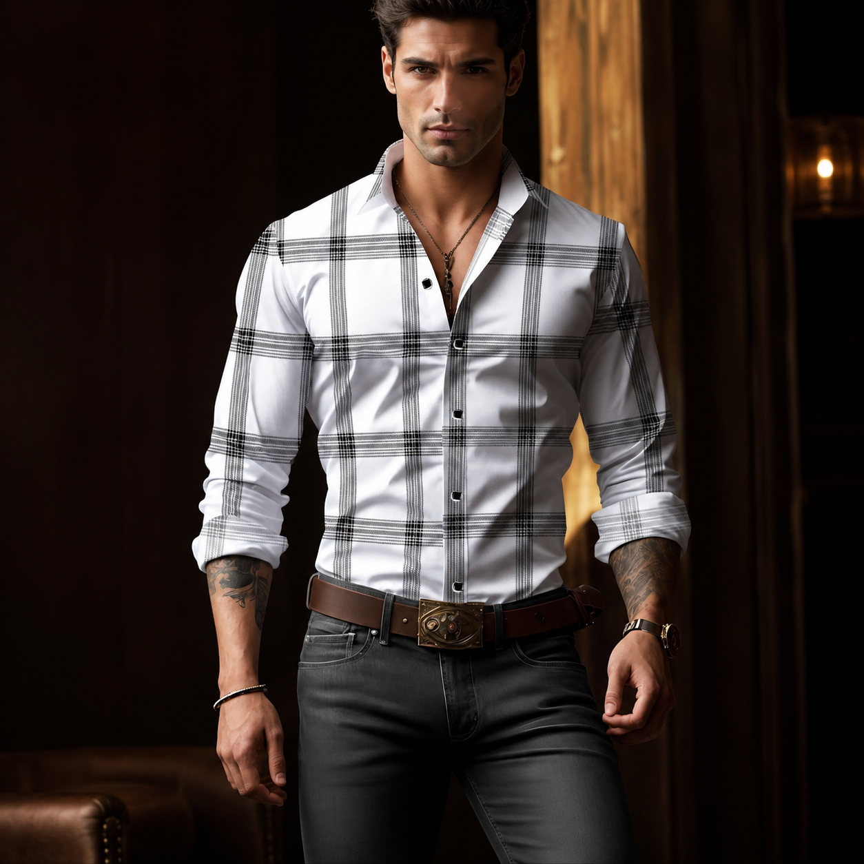 Plaid Checkered Print Long Sleeve Collared Shirt For Men