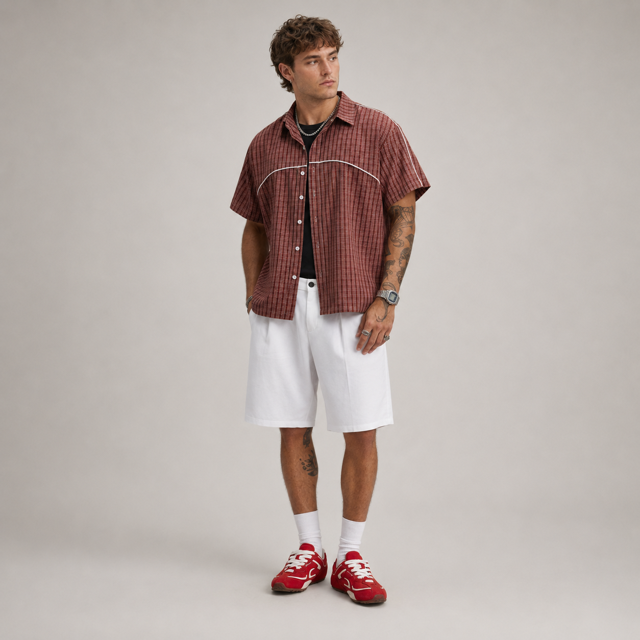 Casual Streetwear Retro Summer Short Sleeve Plaid Patchwork Loose For Men