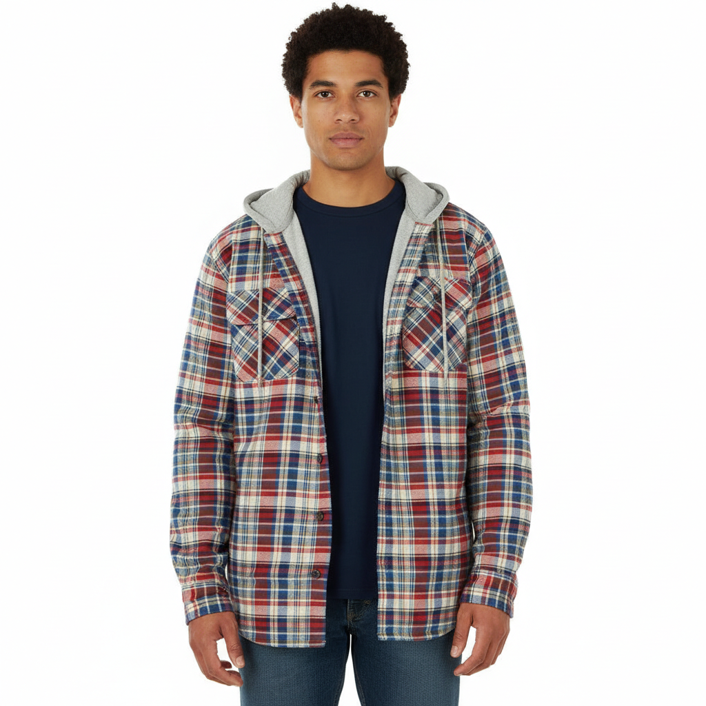 Men's Long Sleeve Quilted Lined Flannel Shirt Jacket with Hood