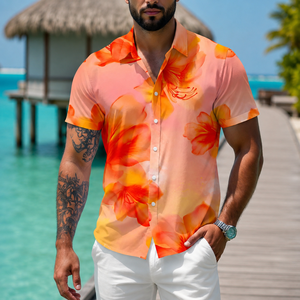 Casual Printed Short Sleeve Holiday Button Up Shirt For Men
