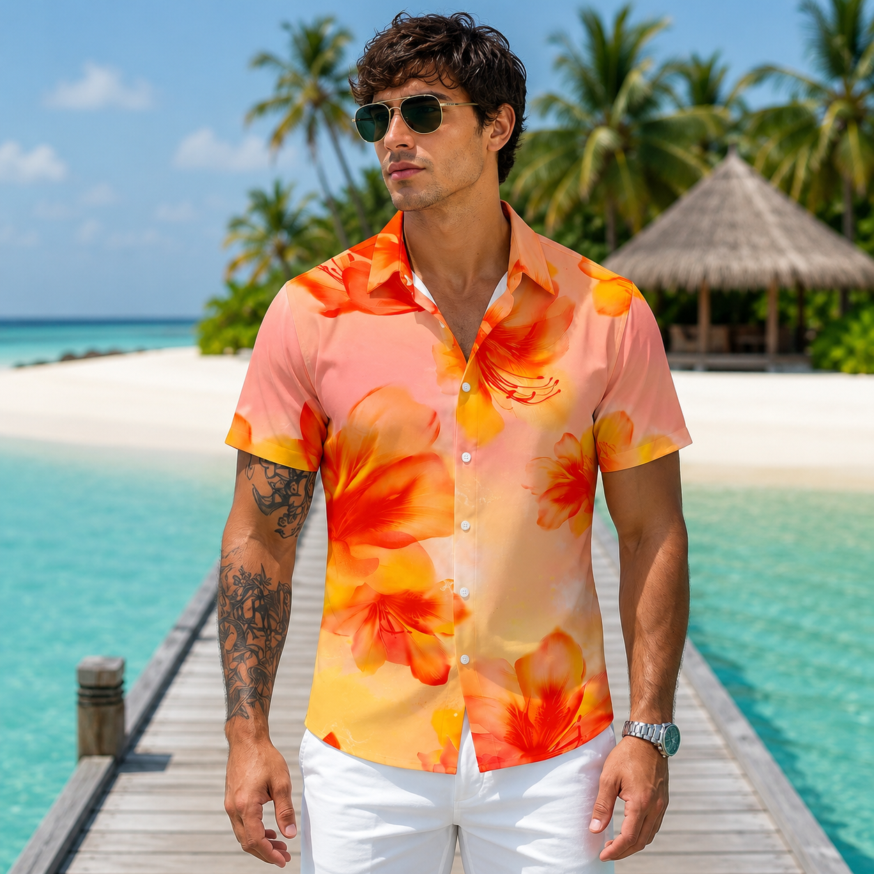 Casual Printed Short Sleeve Holiday Button Up Shirt For Men