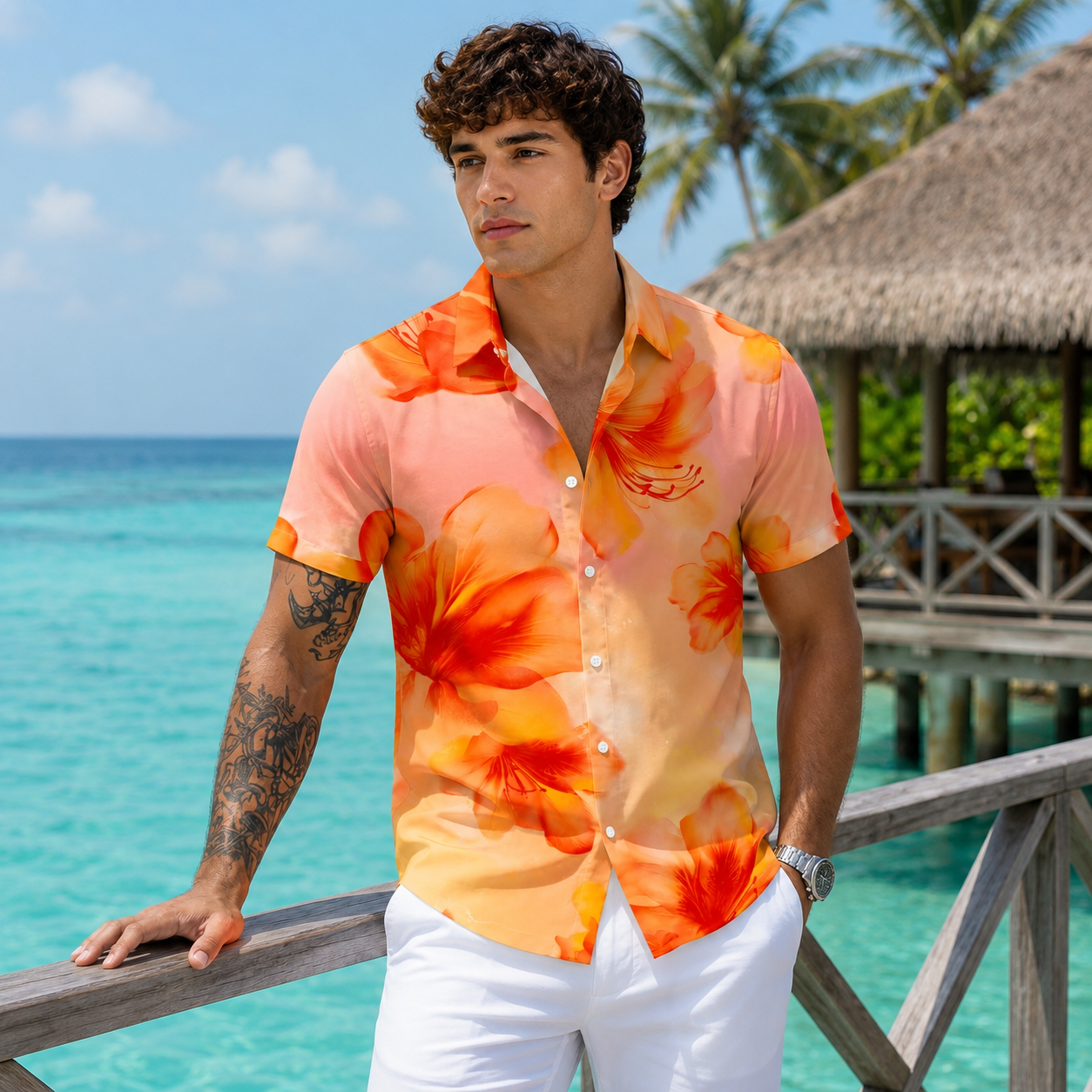 Casual Printed Short Sleeve Holiday Button Up Shirt For Men