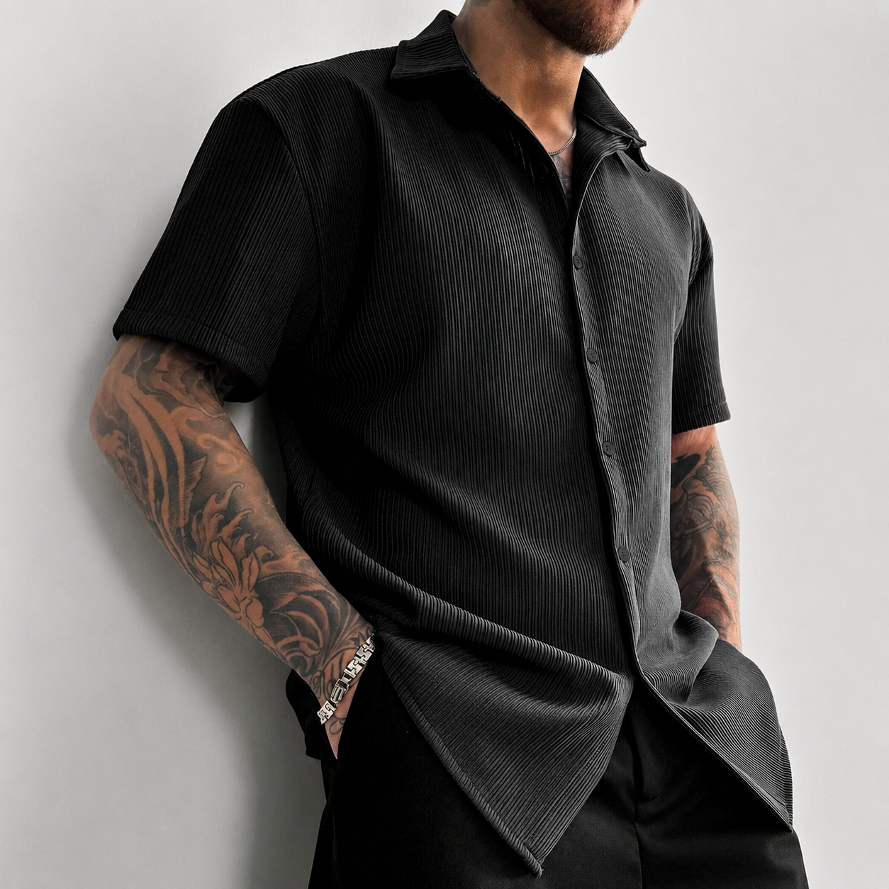 Textured Ribbed Knit Short Sleeve Button Up Lapel Collar Casual Shirt For Men