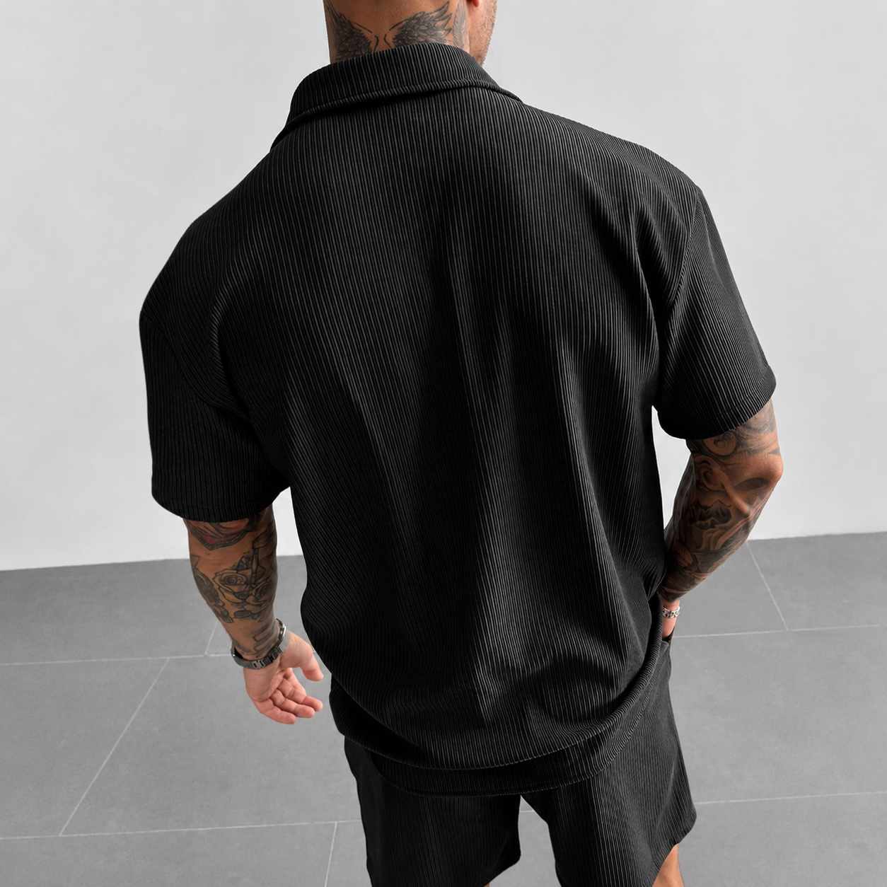 Textured Ribbed Knit Short Sleeve Button Up Lapel Collar Casual Shirt For Men