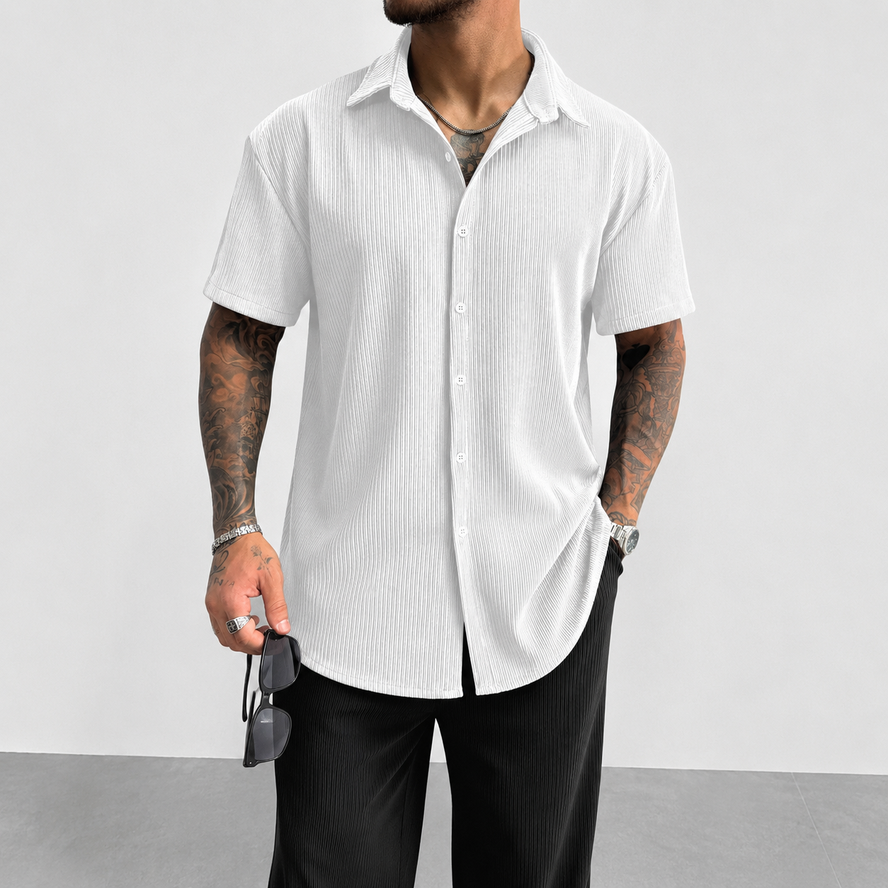 Textured Ribbed Knit Short Sleeve Button Up Lapel Collar Casual Shirt For Men