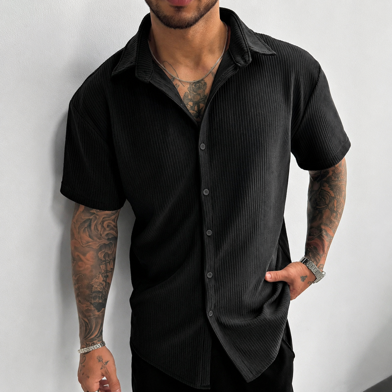 Textured Ribbed Knit Short Sleeve Button Up Lapel Collar Casual Shirt For Men