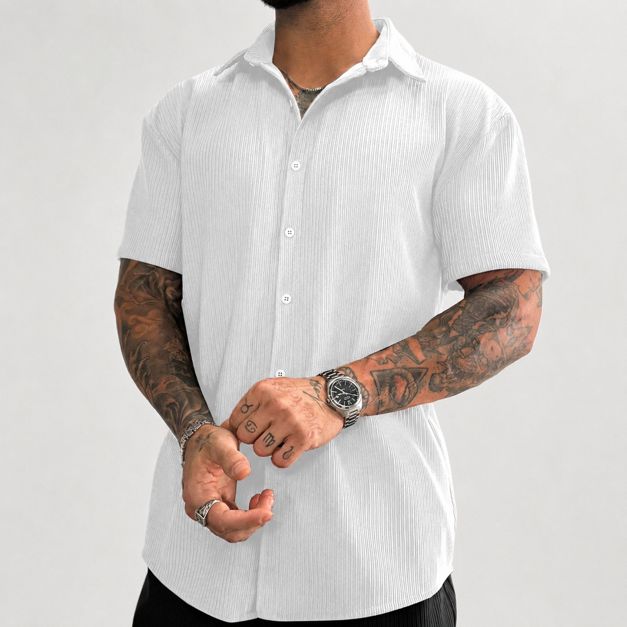 Textured Ribbed Knit Short Sleeve Button Up Lapel Collar Casual Shirt For Men