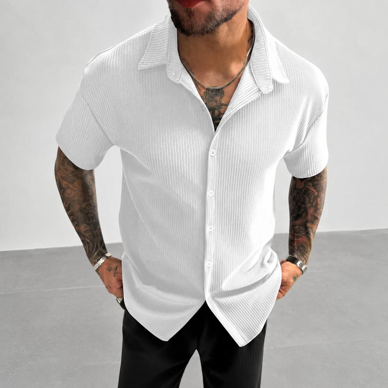 Textured Ribbed Knit Short Sleeve Button Up Lapel Collar Casual Shirt For Men