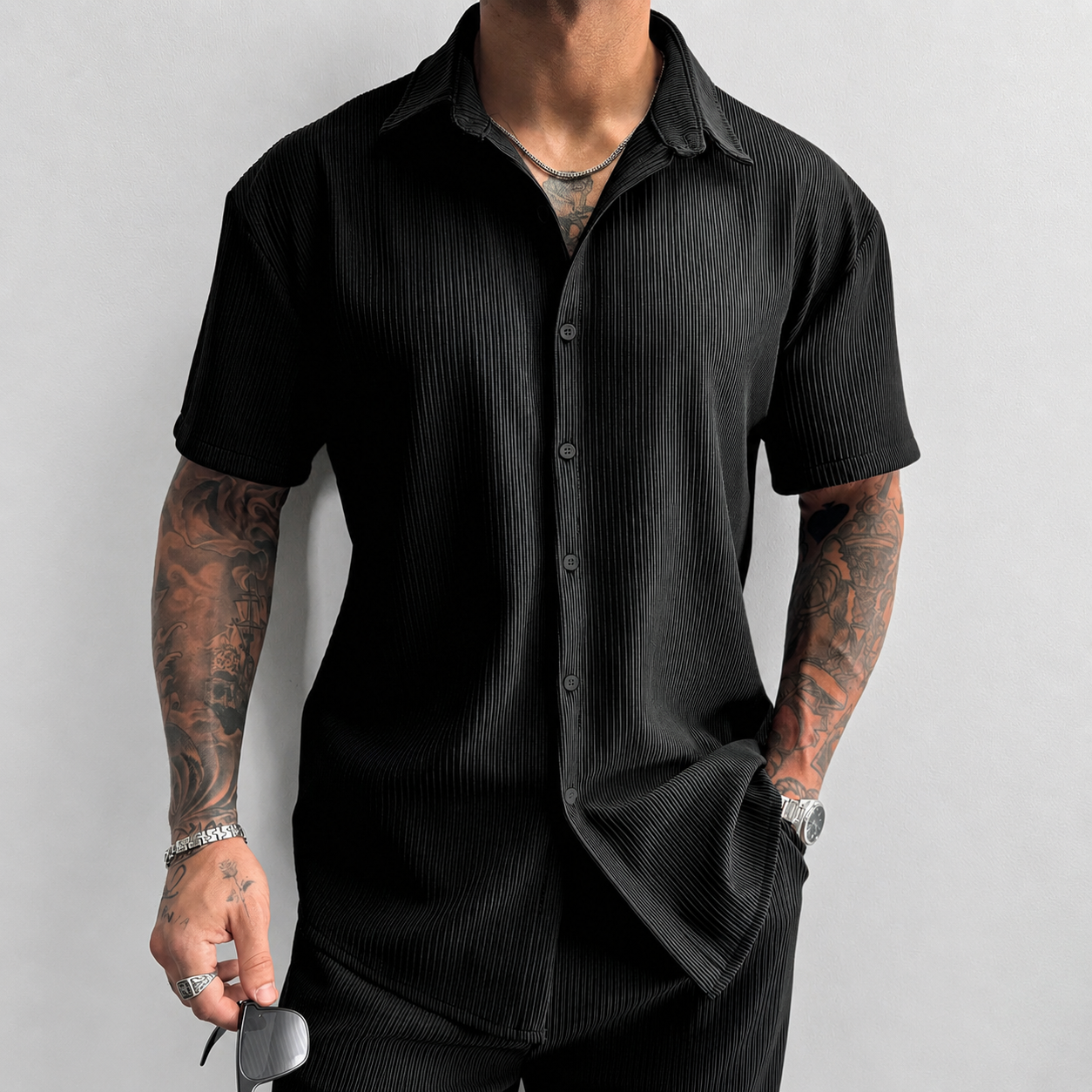 Textured Ribbed Knit Short Sleeve Button Up Lapel Collar Casual Shirt For Men