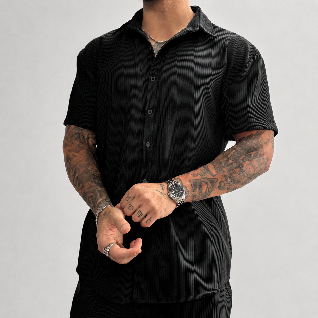 Textured Ribbed Knit Short Sleeve Button Up Lapel Collar Casual Shirt For Men