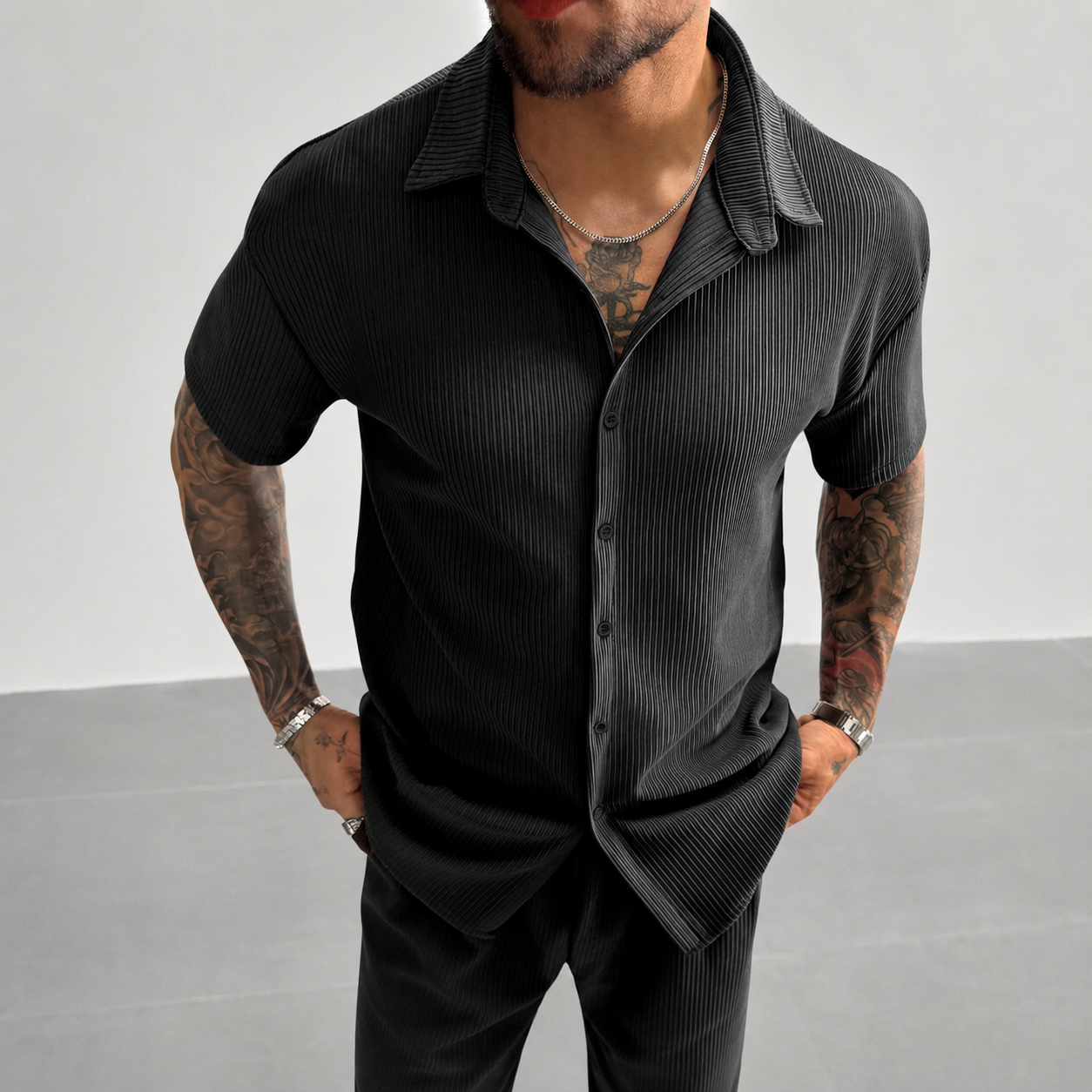 Textured Ribbed Knit Short Sleeve Button Up Lapel Collar Casual Shirt For Men