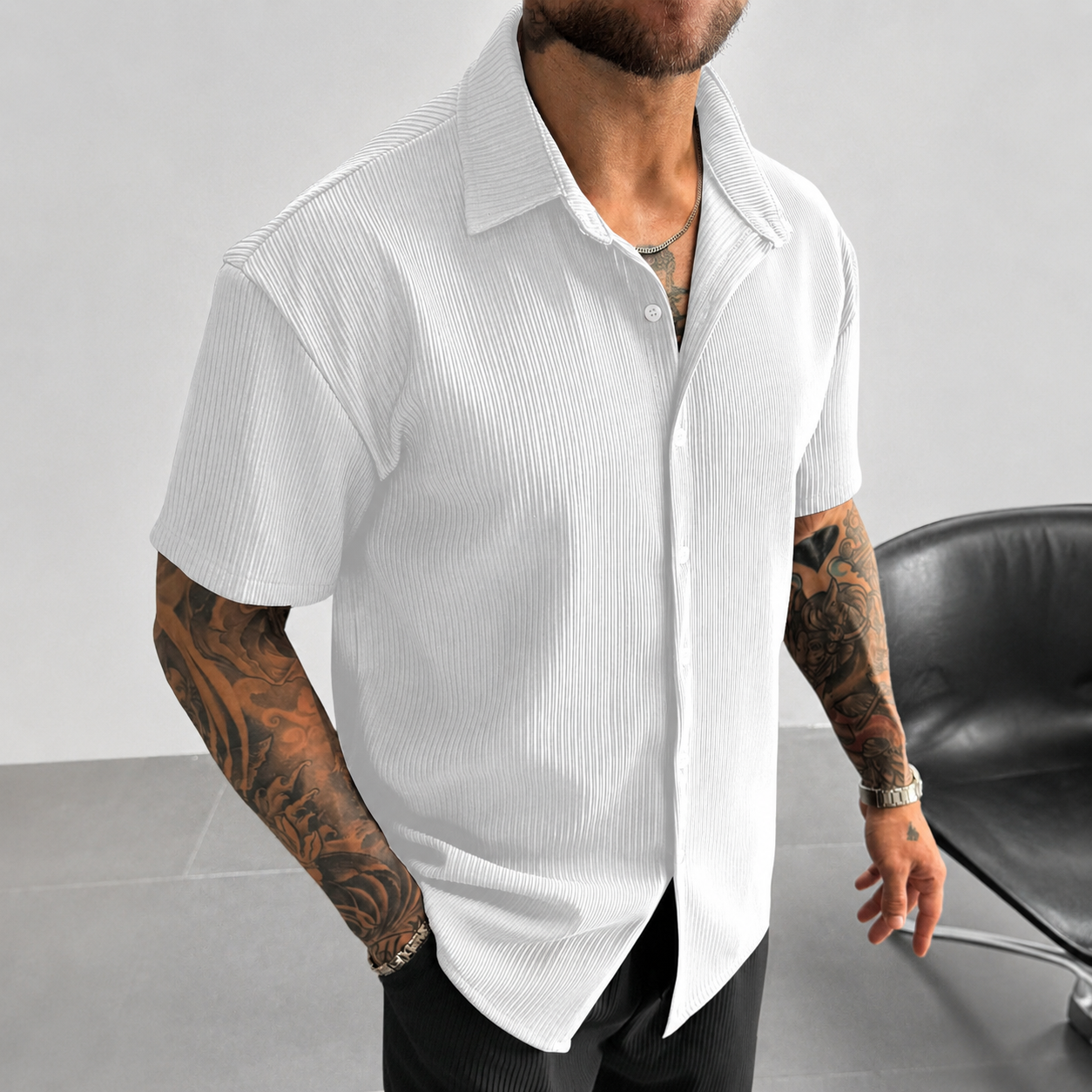 Textured Ribbed Knit Short Sleeve Button Up Lapel Collar Casual Shirt For Men