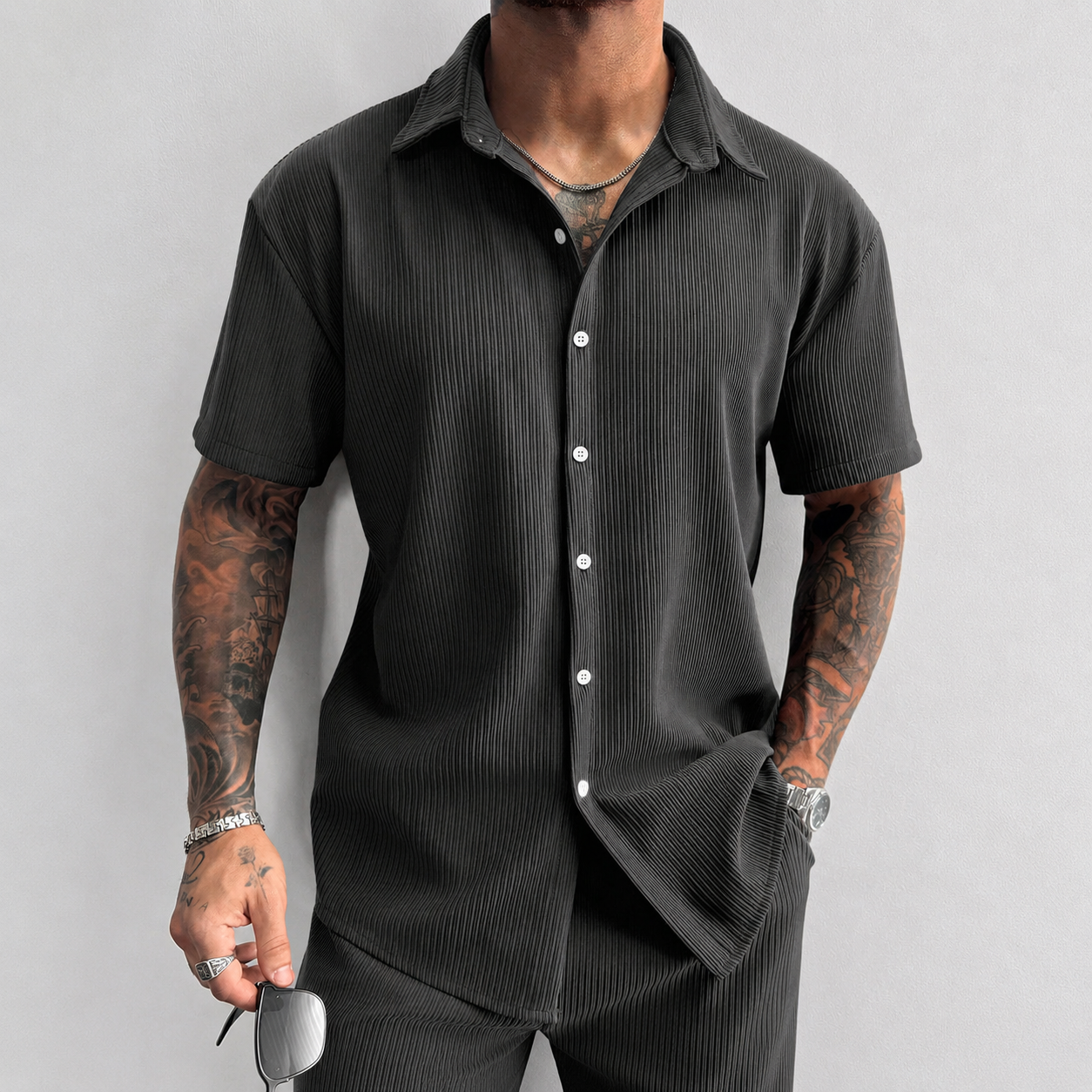 Textured Ribbed Knit Short Sleeve Button Up Lapel Collar Casual Shirt For Men