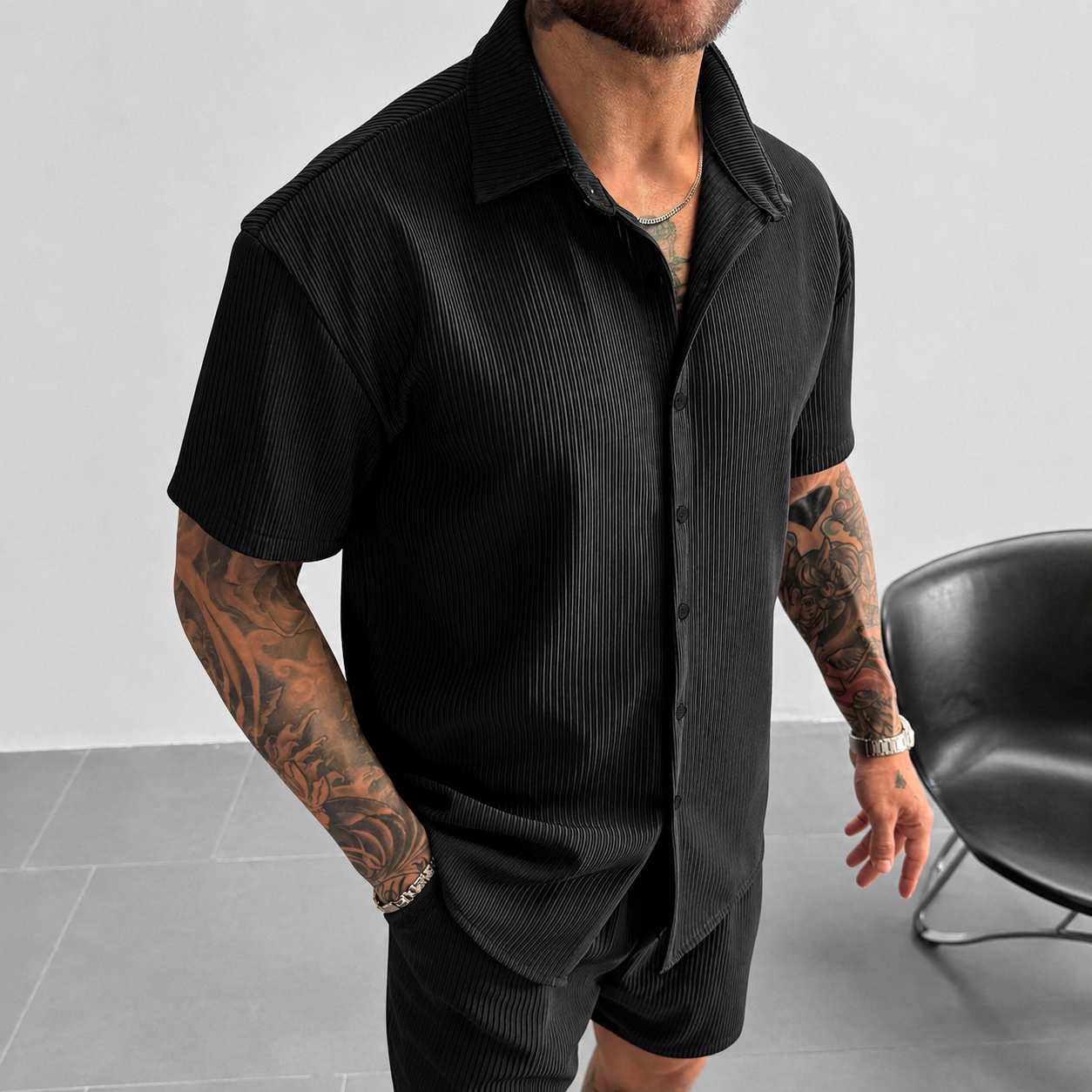 Textured Ribbed Knit Short Sleeve Button Up Lapel Collar Casual Shirt For Men