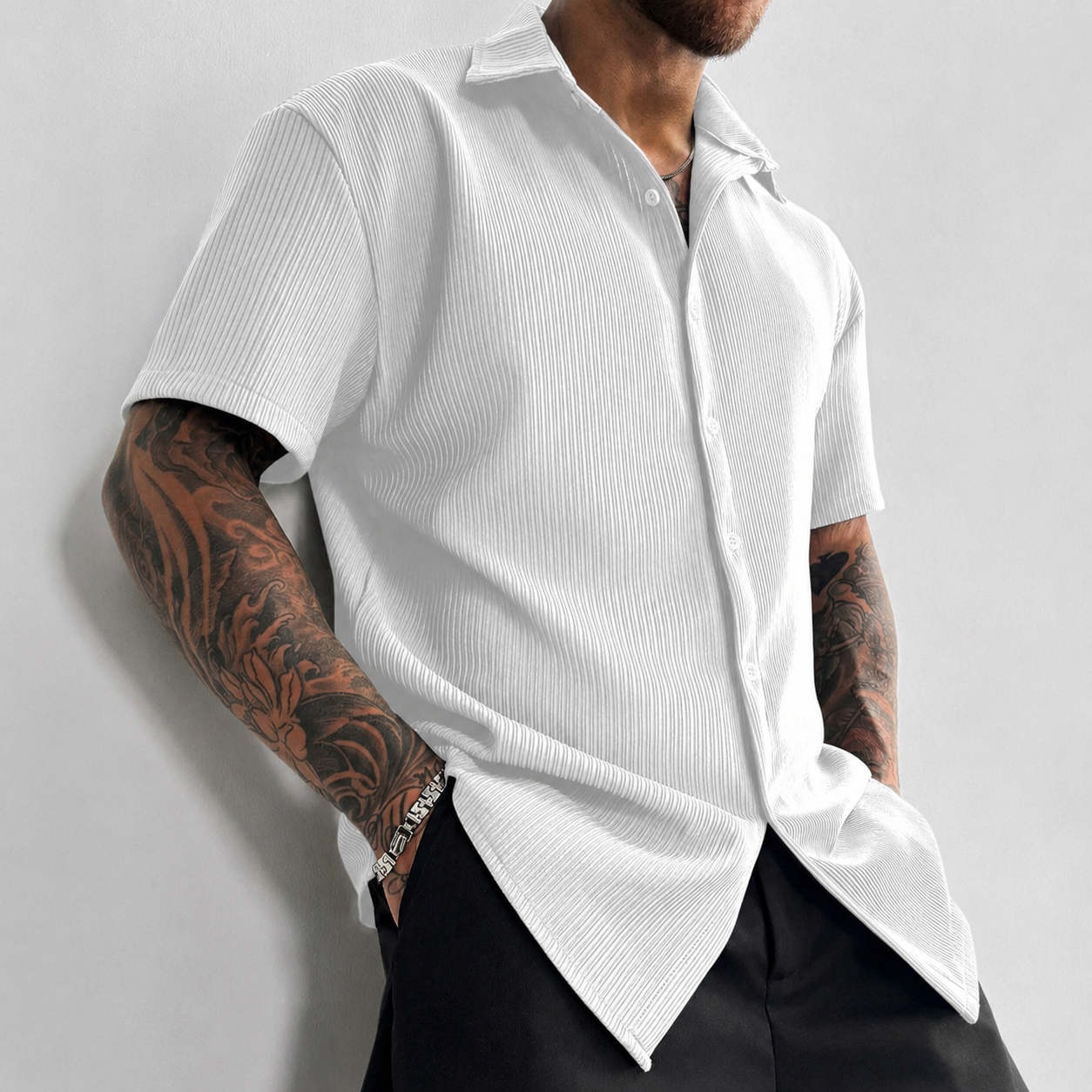 Textured Ribbed Knit Short Sleeve Button Up Lapel Collar Casual Shirt For Men