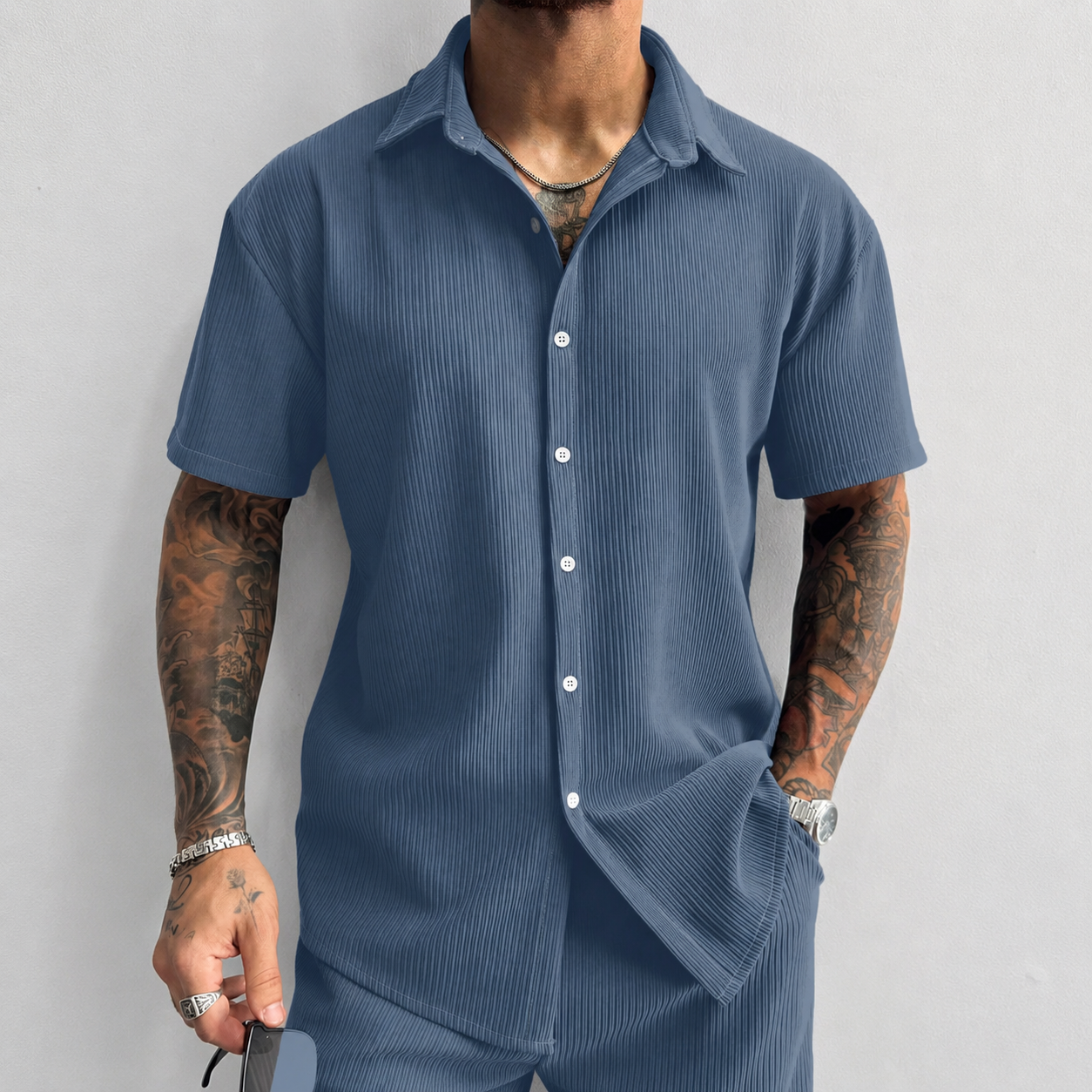 Textured Ribbed Knit Short Sleeve Button Up Lapel Collar Casual Shirt For Men