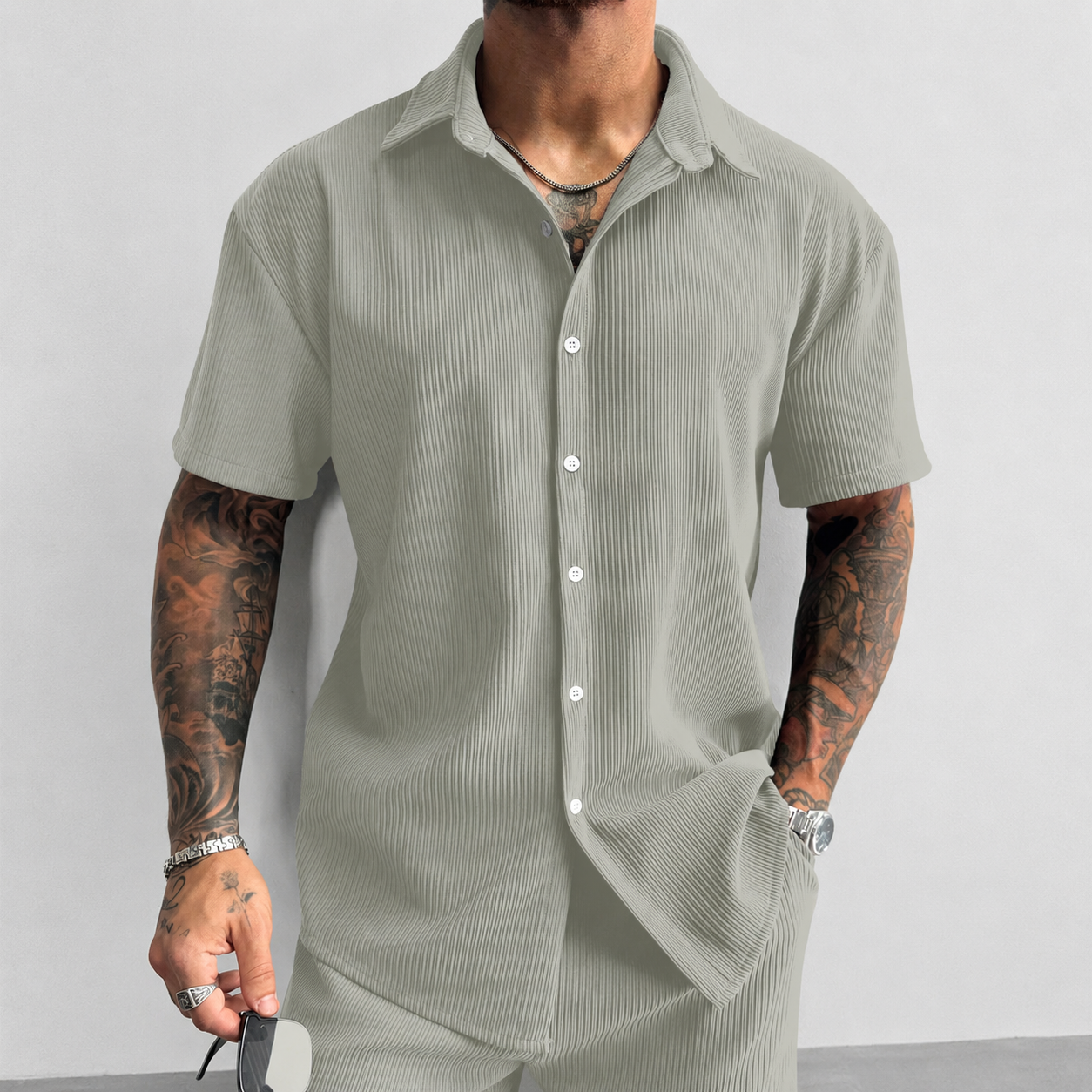 Textured Ribbed Knit Short Sleeve Button Up Lapel Collar Casual Shirt For Men