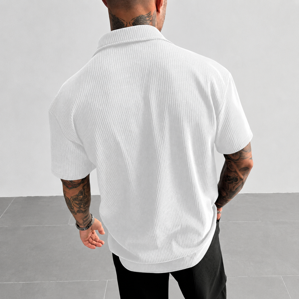 Textured Ribbed Knit Short Sleeve Button Up Lapel Collar Casual Shirt For Men