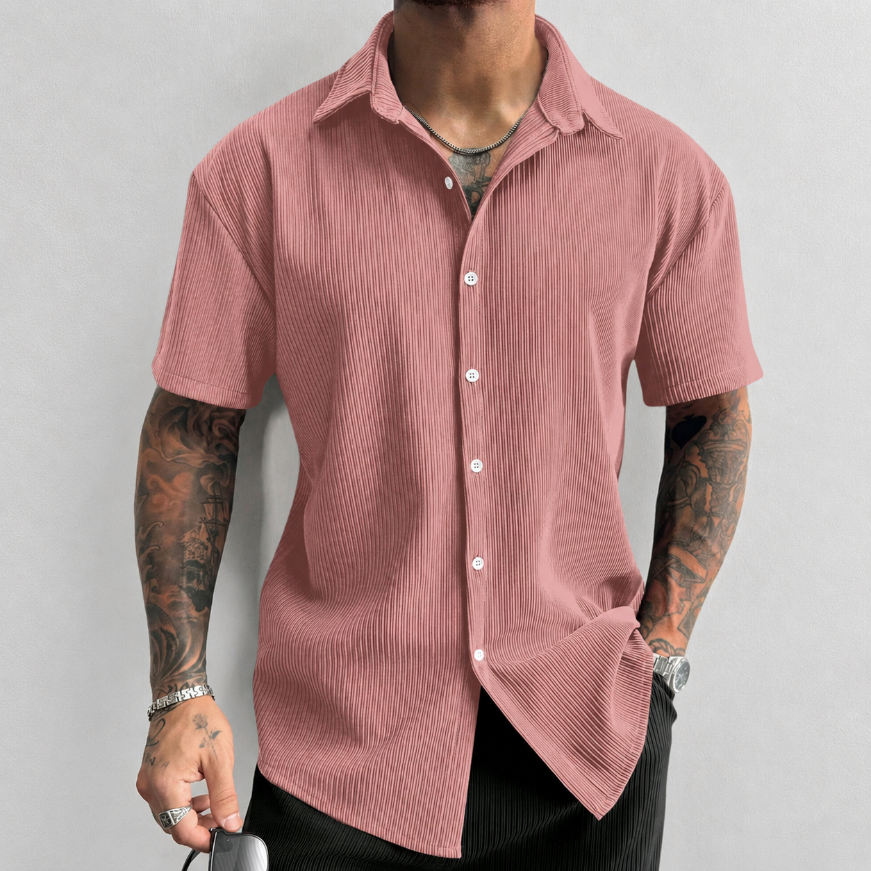 Textured Ribbed Knit Short Sleeve Button Up Lapel Collar Casual Shirt For Men