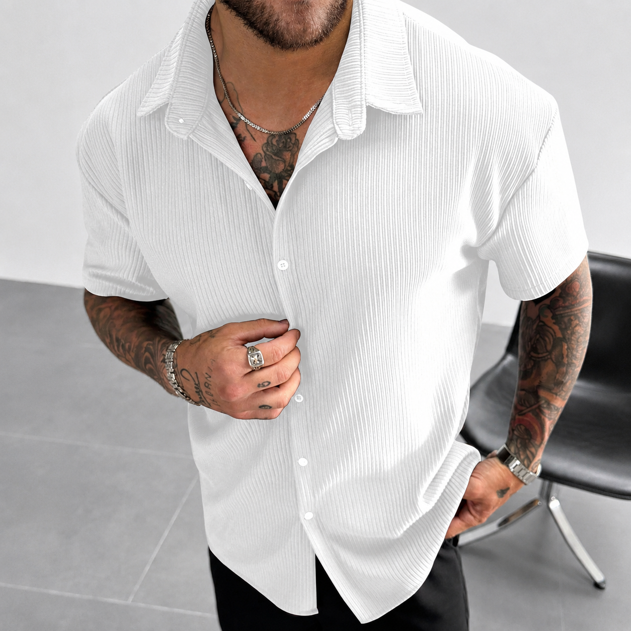 Textured Ribbed Knit Short Sleeve Button Up Lapel Collar Casual Shirt For Men
