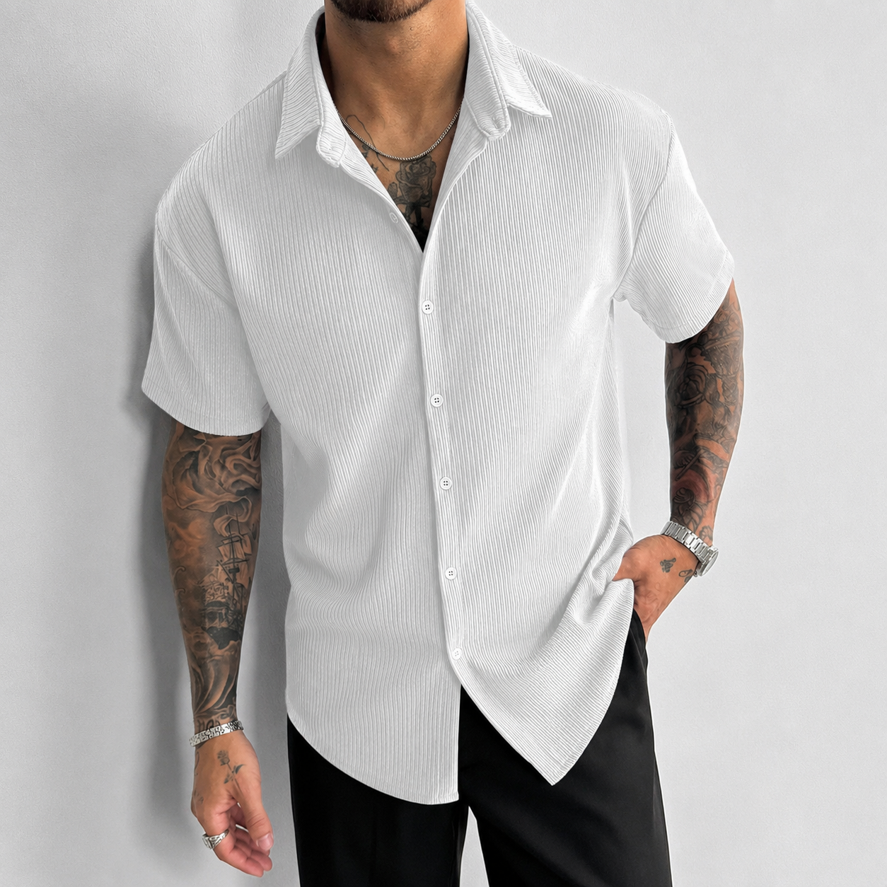 Textured Ribbed Knit Short Sleeve Button Up Lapel Collar Casual Shirt For Men