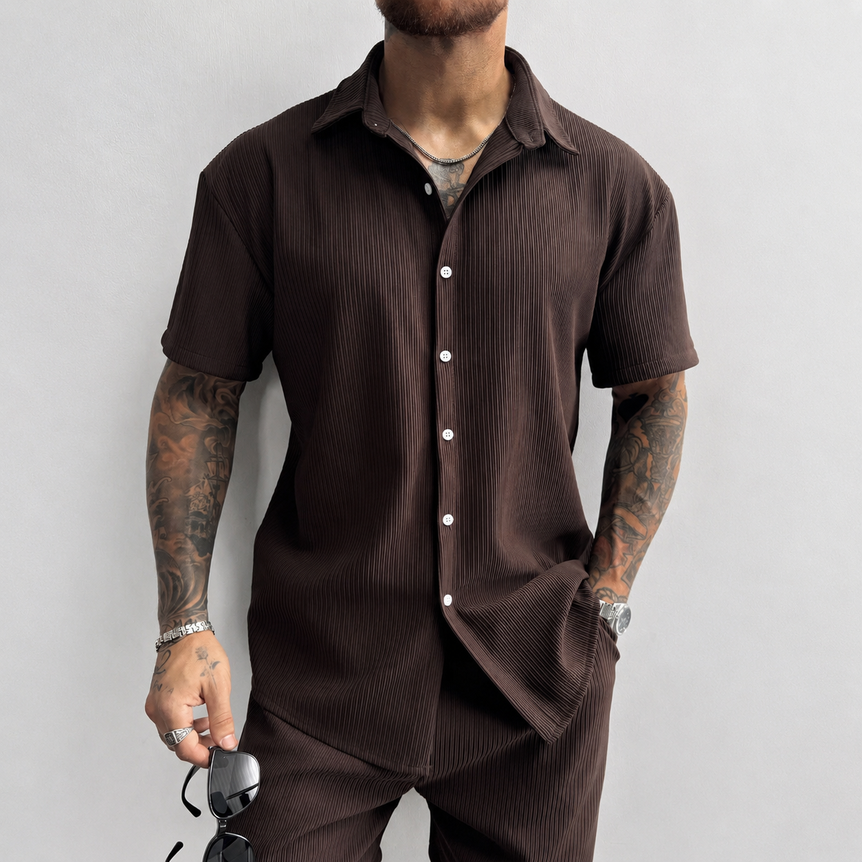 Textured Ribbed Knit Short Sleeve Button Up Lapel Collar Casual Shirt For Men