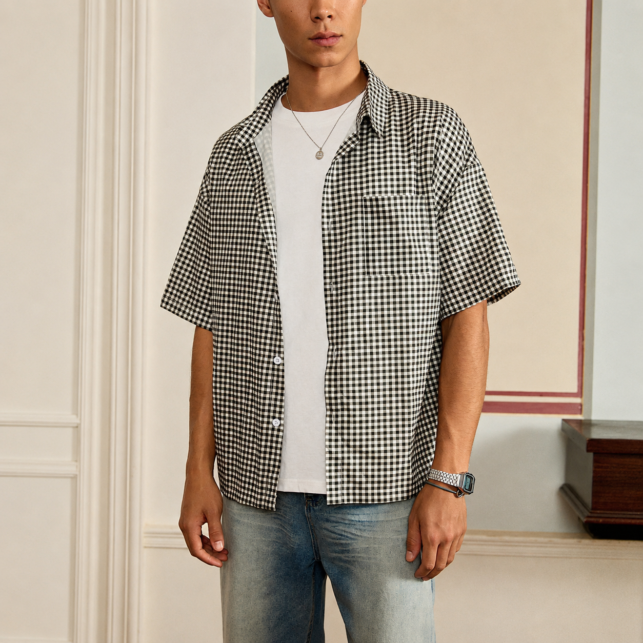 Loose Fit Classic Checkered Short Sleeve Button Up Casual Shirt For Men