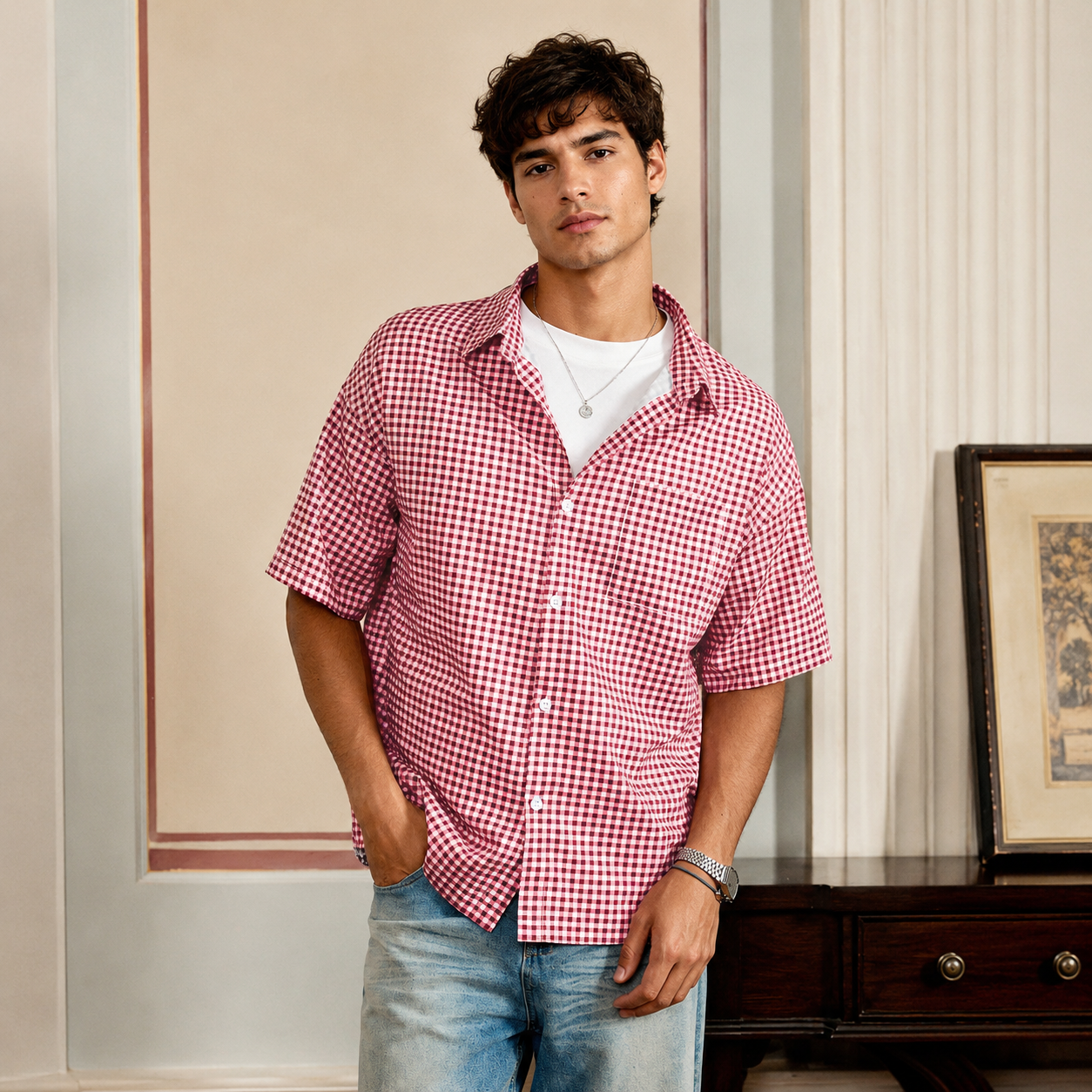 Loose Fit Classic Checkered Short Sleeve Button Up Casual Shirt For Men