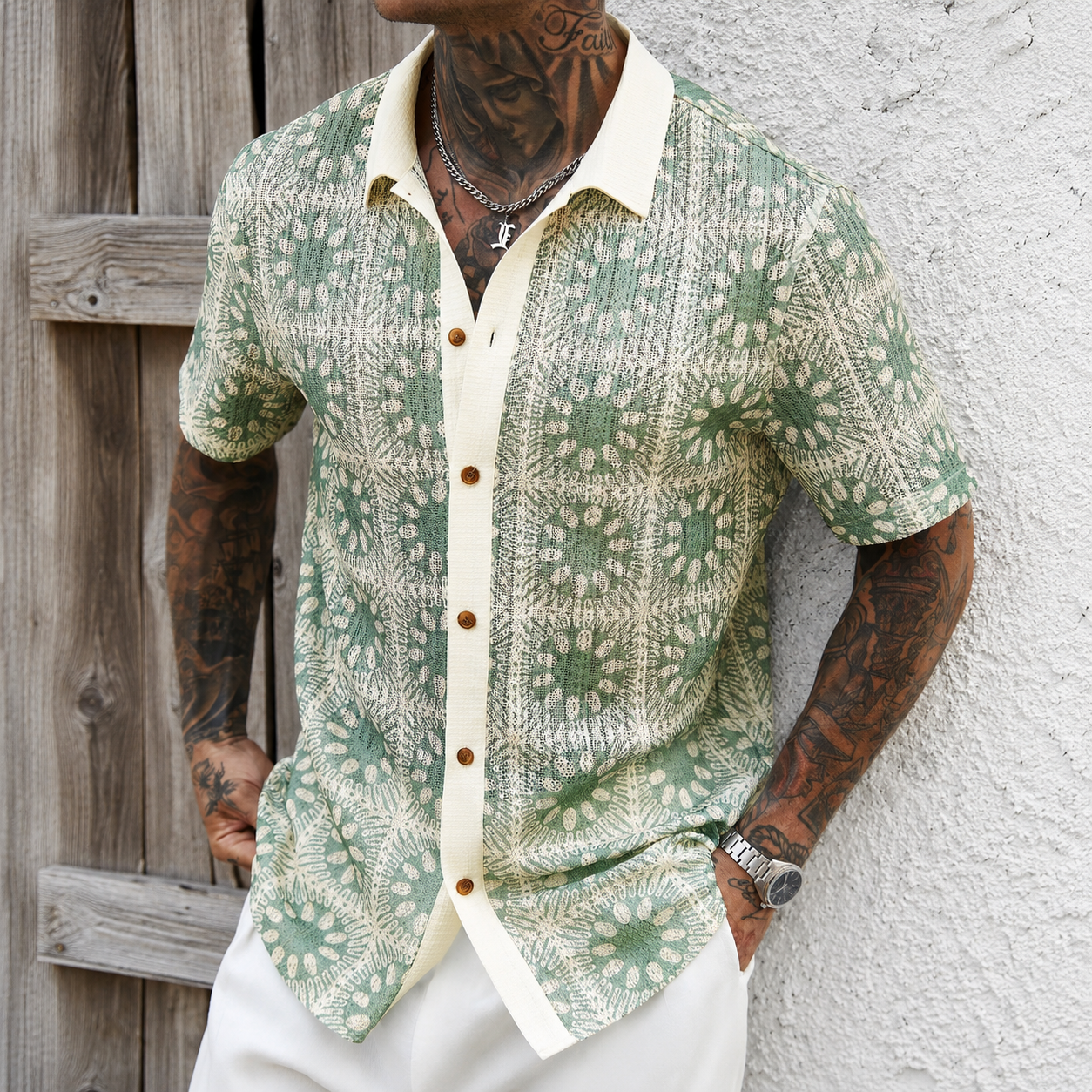 Lightweight Printed Short Sleeve Button Up Casual Holiday Shirt For Men