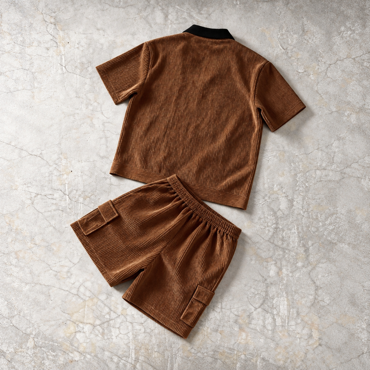Contrast Corduroy Short Sleeve Shirt And Cargo Shorts Two Piece Set For Men