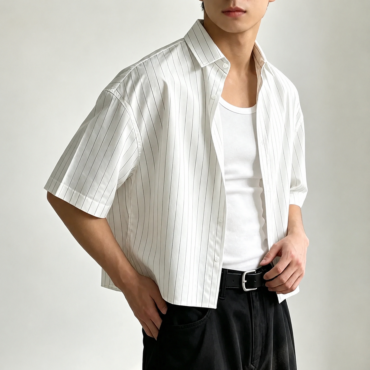 Loose Fit Vertical Stripe Short Sleeve Button Up Casual Shirt For Men
