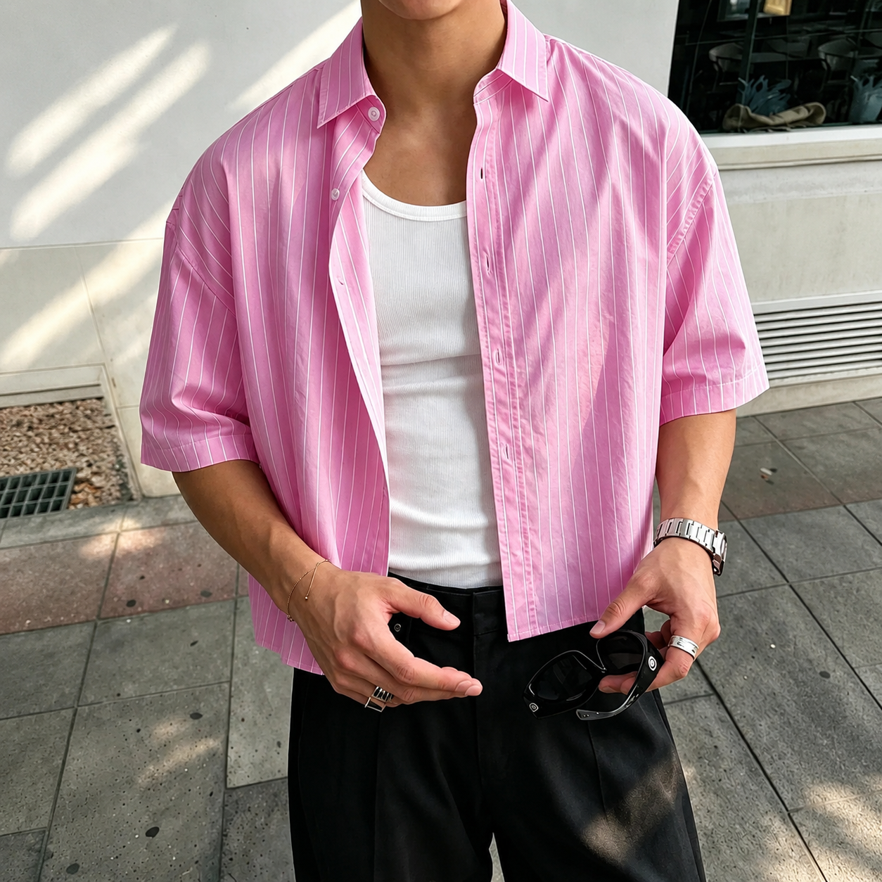 Loose Fit Vertical Stripe Short Sleeve Button Up Casual Shirt For Men