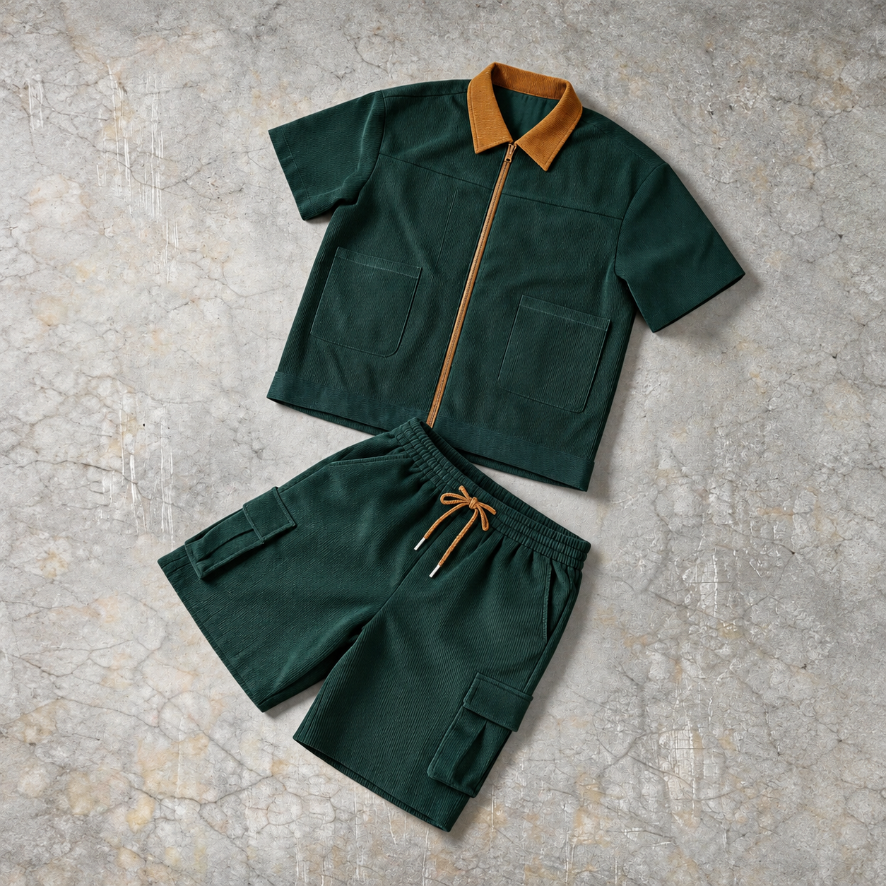 Contrast Corduroy Short Sleeve Shirt And Cargo Shorts Two Piece Set For Men