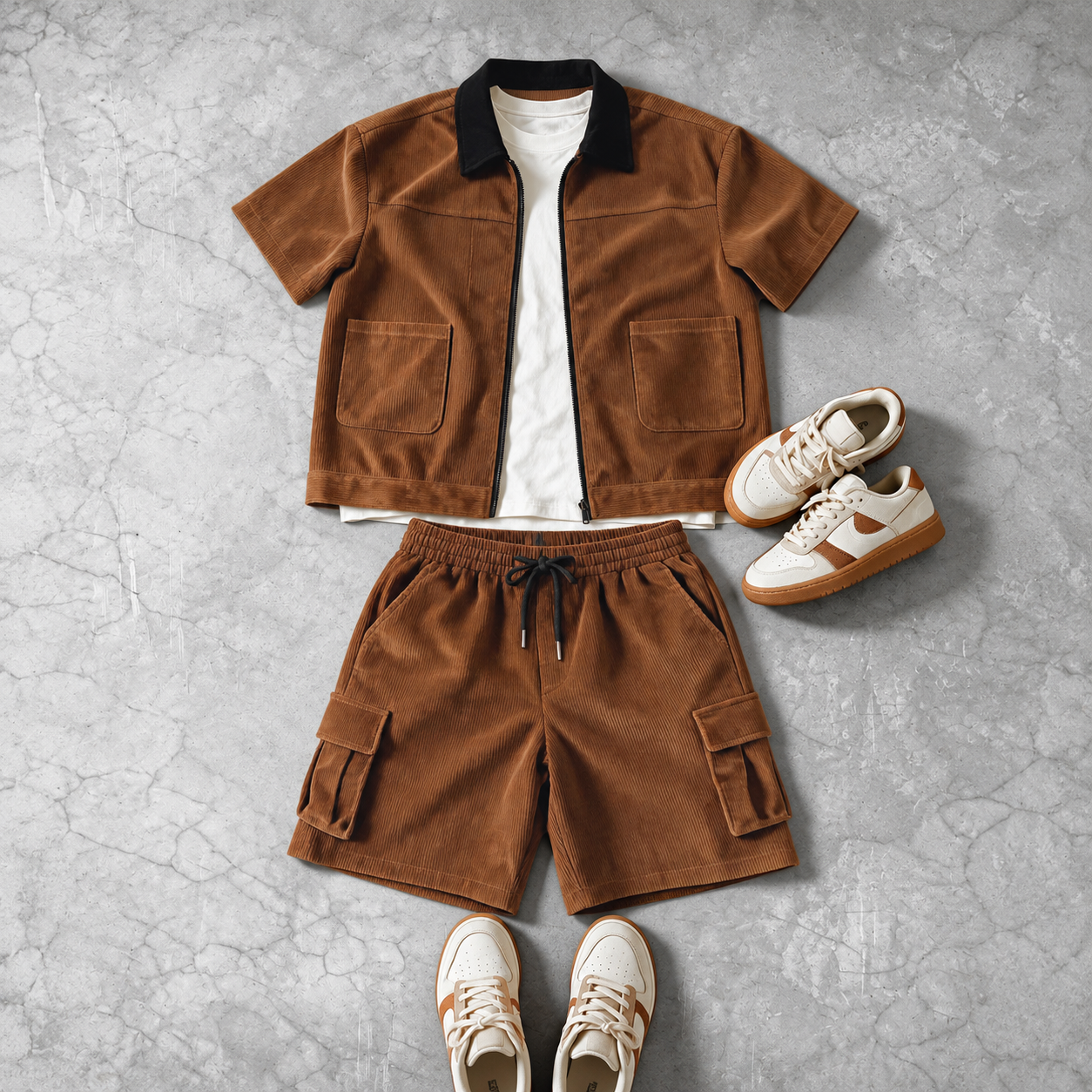 Contrast Corduroy Short Sleeve Shirt And Cargo Shorts Two Piece Set For Men