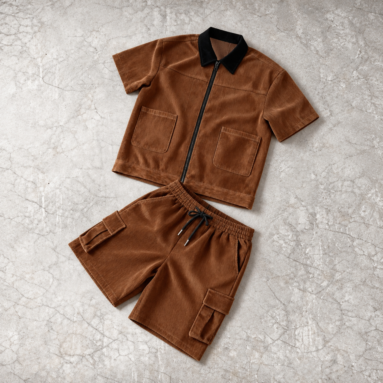Contrast Corduroy Short Sleeve Shirt And Cargo Shorts Two Piece Set For Men