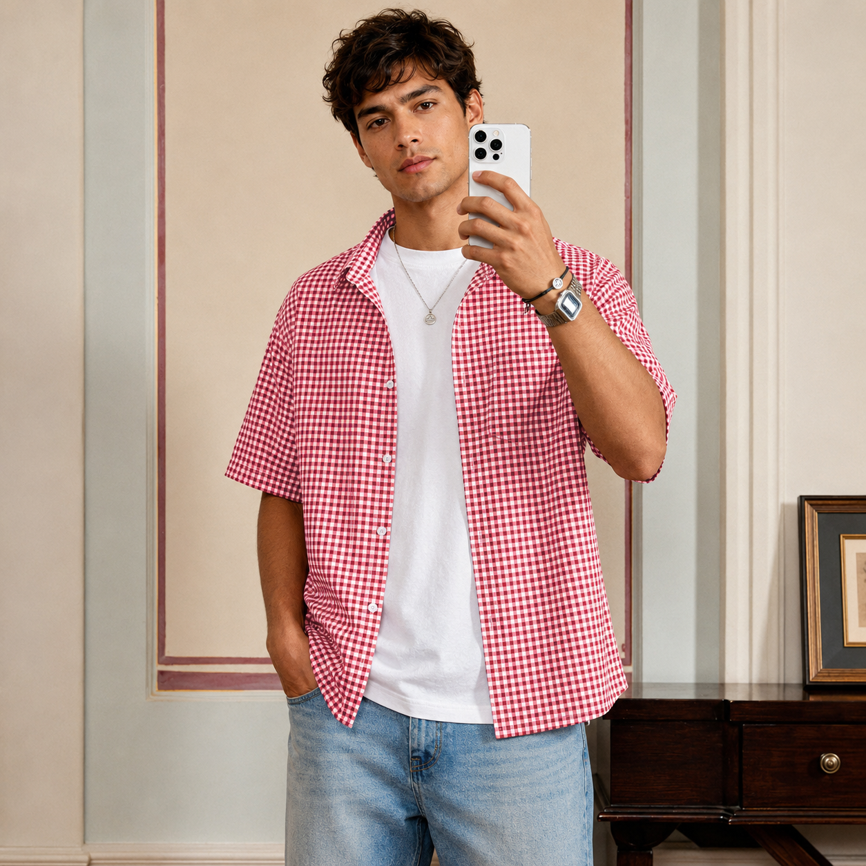 Loose Fit Classic Checkered Short Sleeve Button Up Casual Shirt For Men