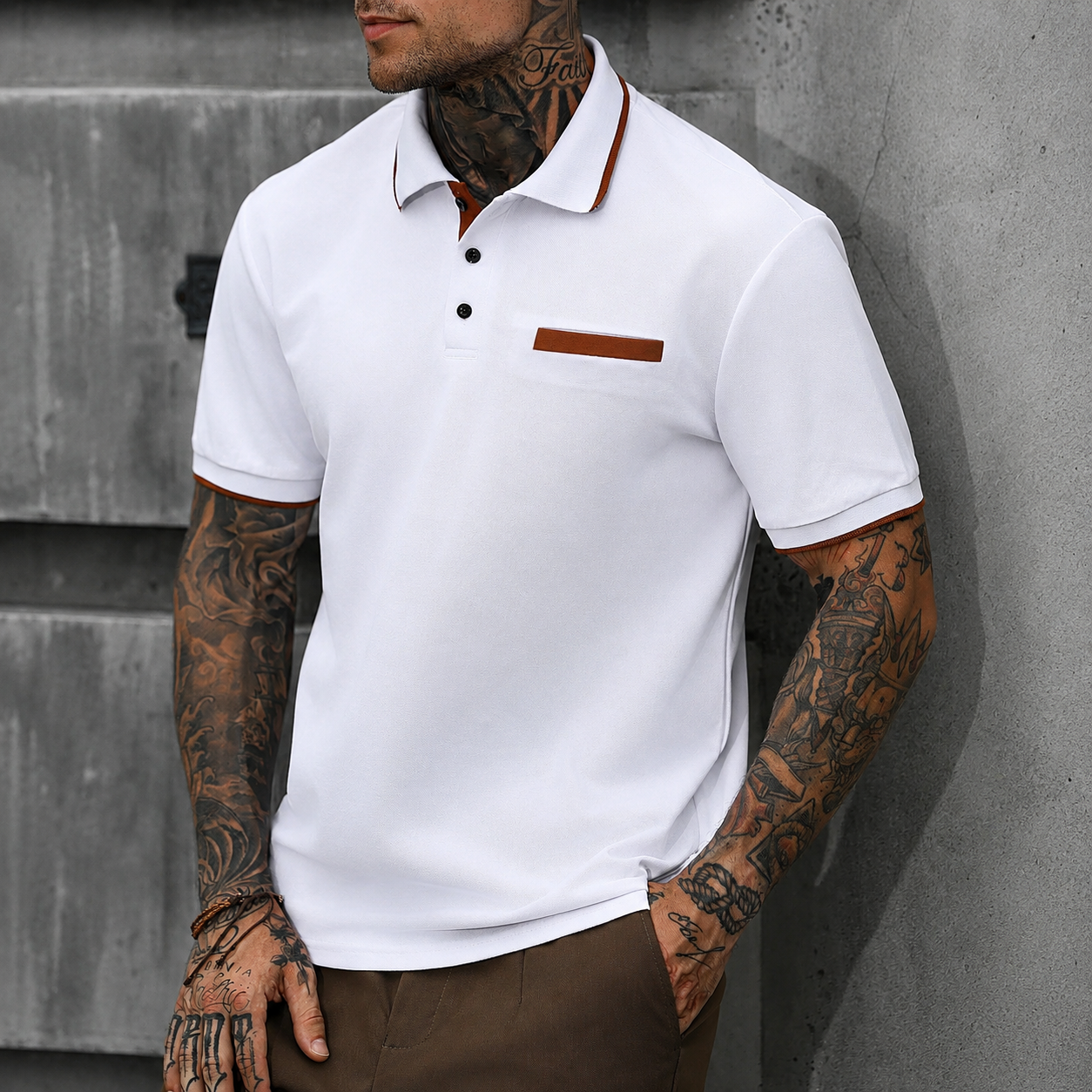 Regular Fit Short Sleeve Polo Shirt With Striped Collar For Men
