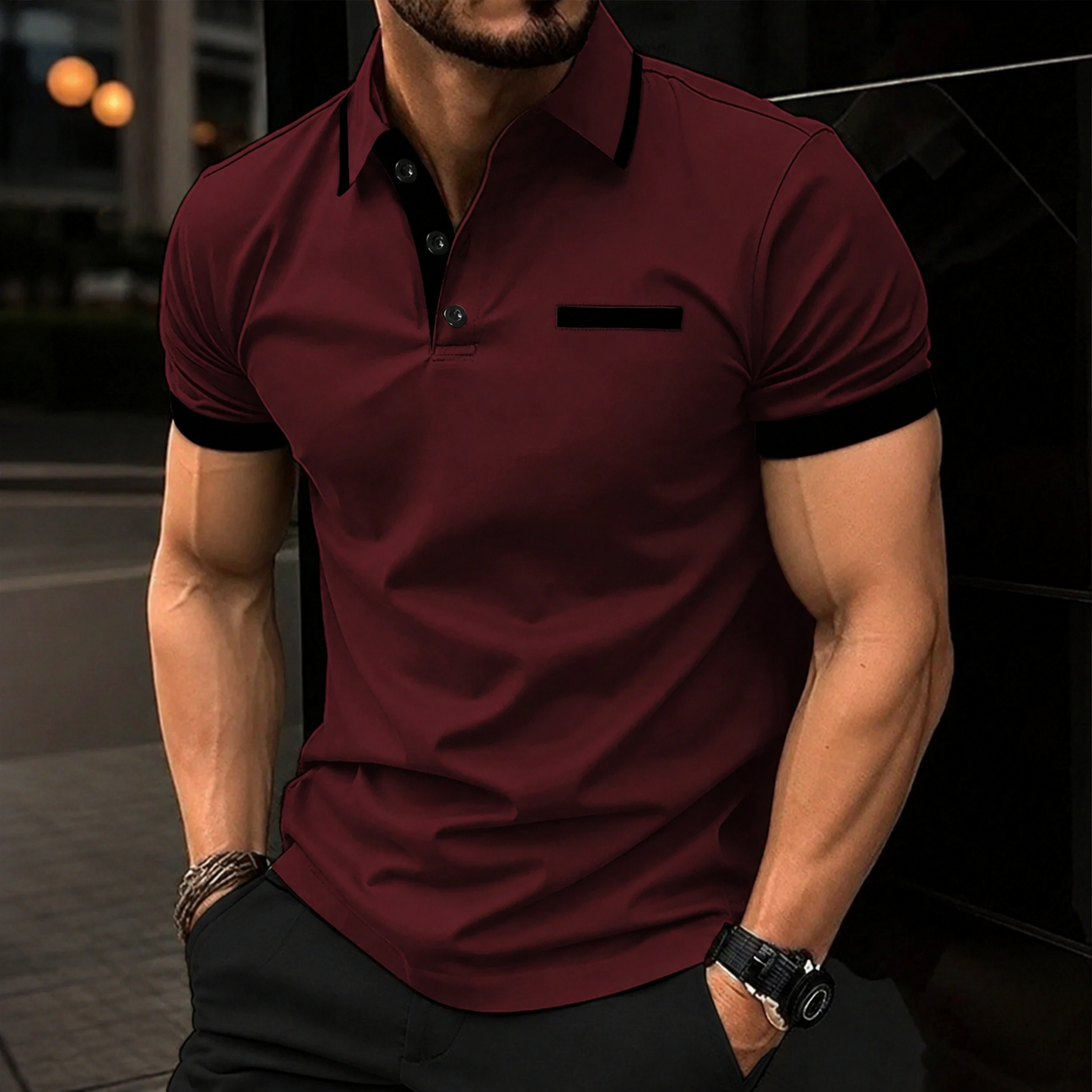 Regular Fit Short Sleeve Polo Shirt With Striped Collar For Men