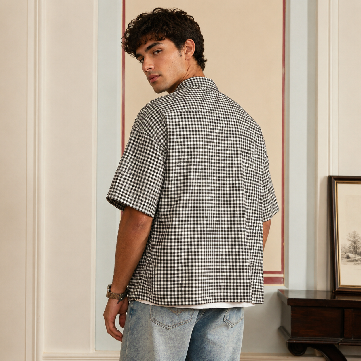 Loose Fit Classic Checkered Short Sleeve Button Up Casual Shirt For Men