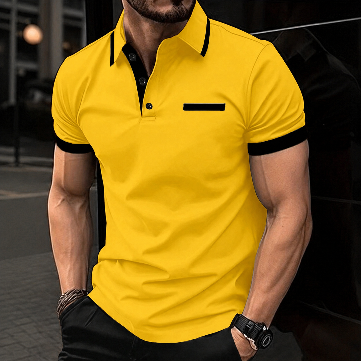 Regular Fit Short Sleeve Polo Shirt With Striped Collar For Men