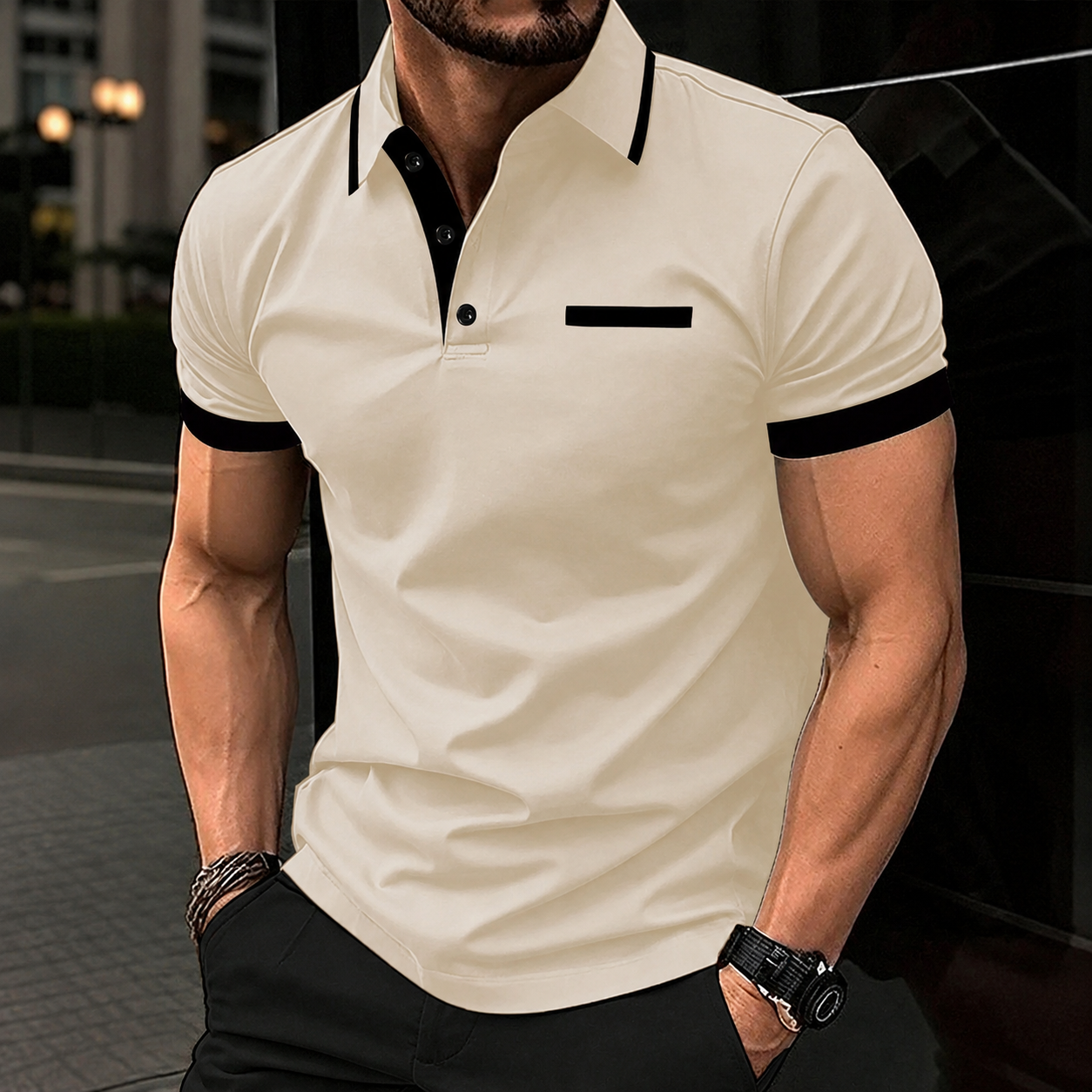 Regular Fit Short Sleeve Polo Shirt With Striped Collar For Men
