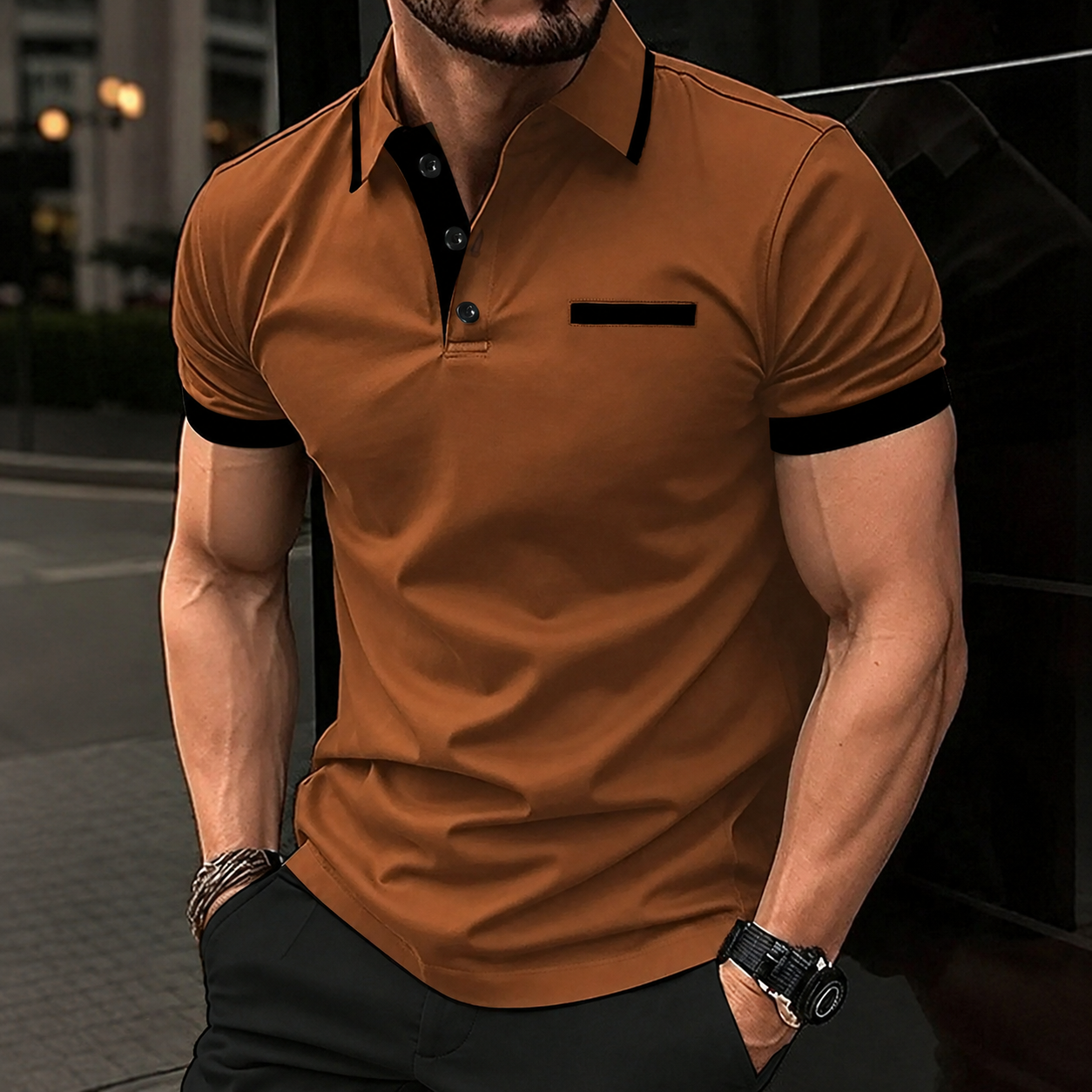Regular Fit Short Sleeve Polo Shirt With Striped Collar For Men