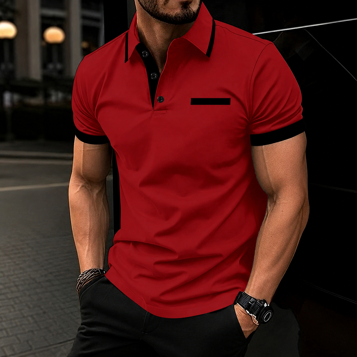 Regular Fit Short Sleeve Polo Shirt With Striped Collar For Men