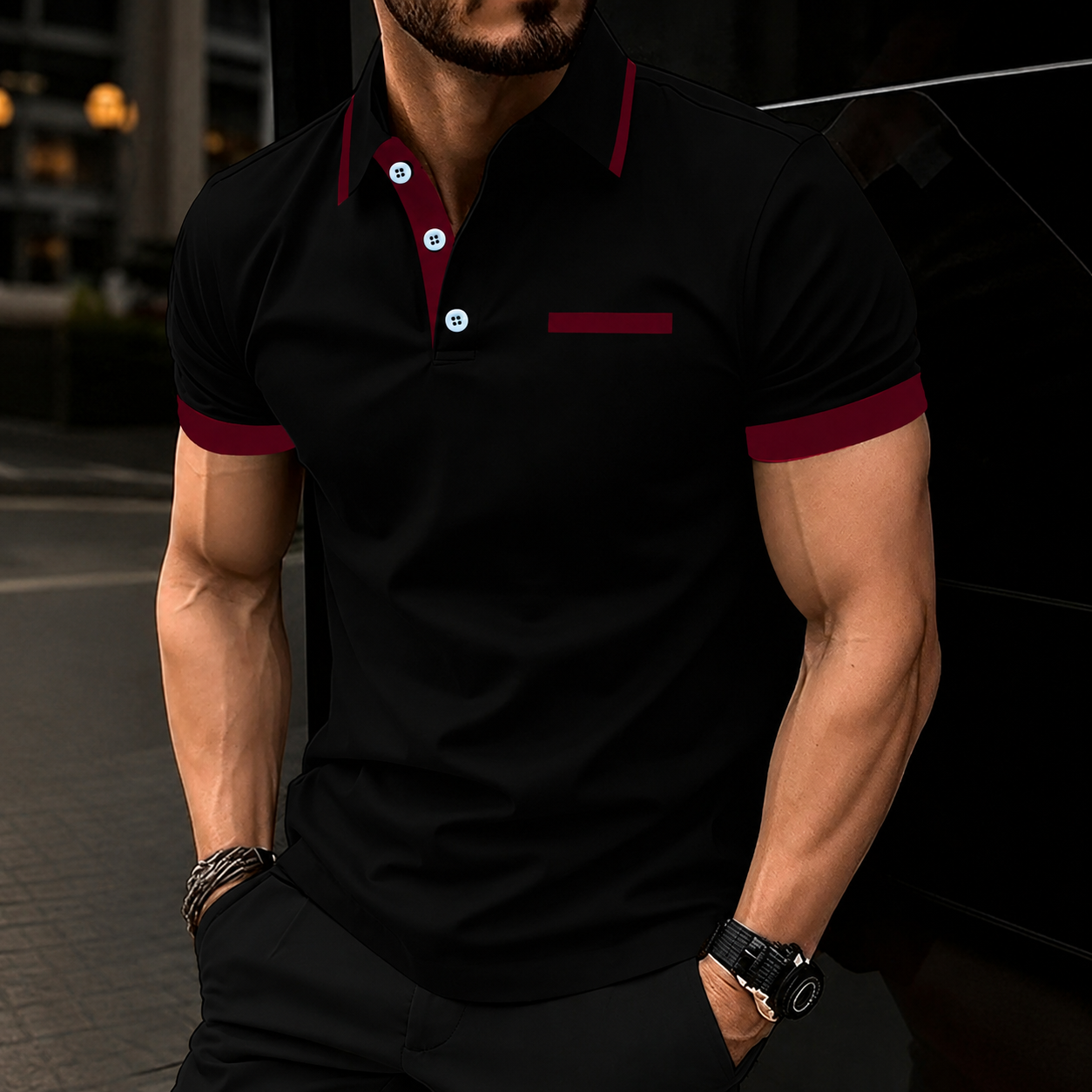 Regular Fit Short Sleeve Polo Shirt With Striped Collar For Men