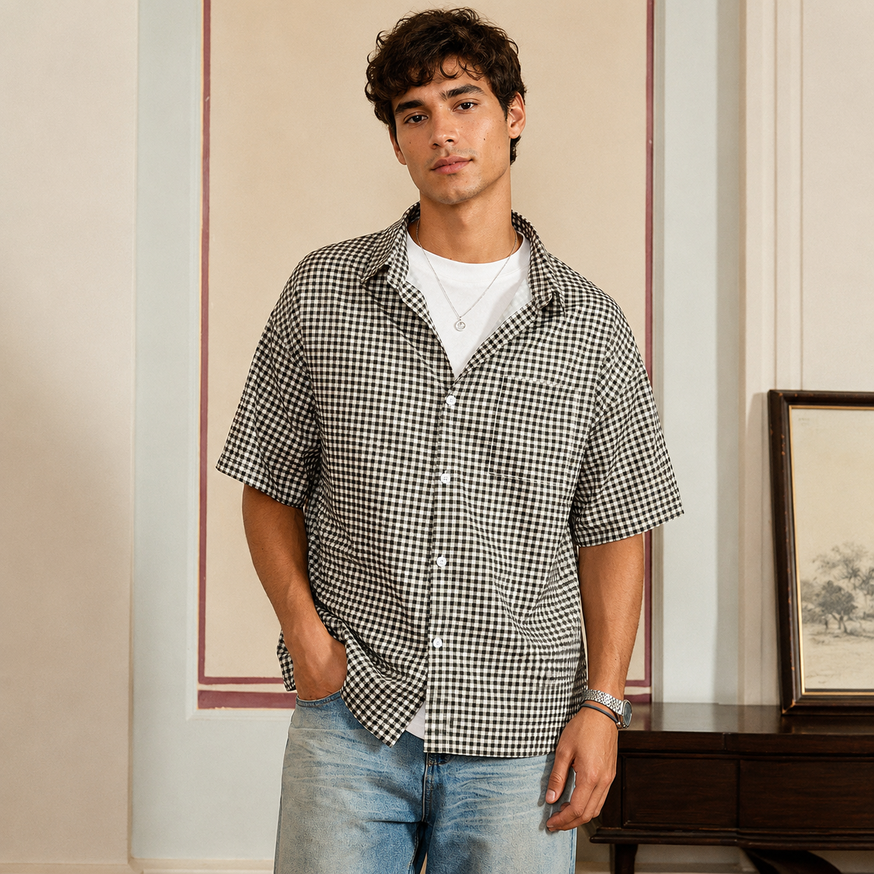 Loose Fit Classic Checkered Short Sleeve Button Up Casual Shirt For Men