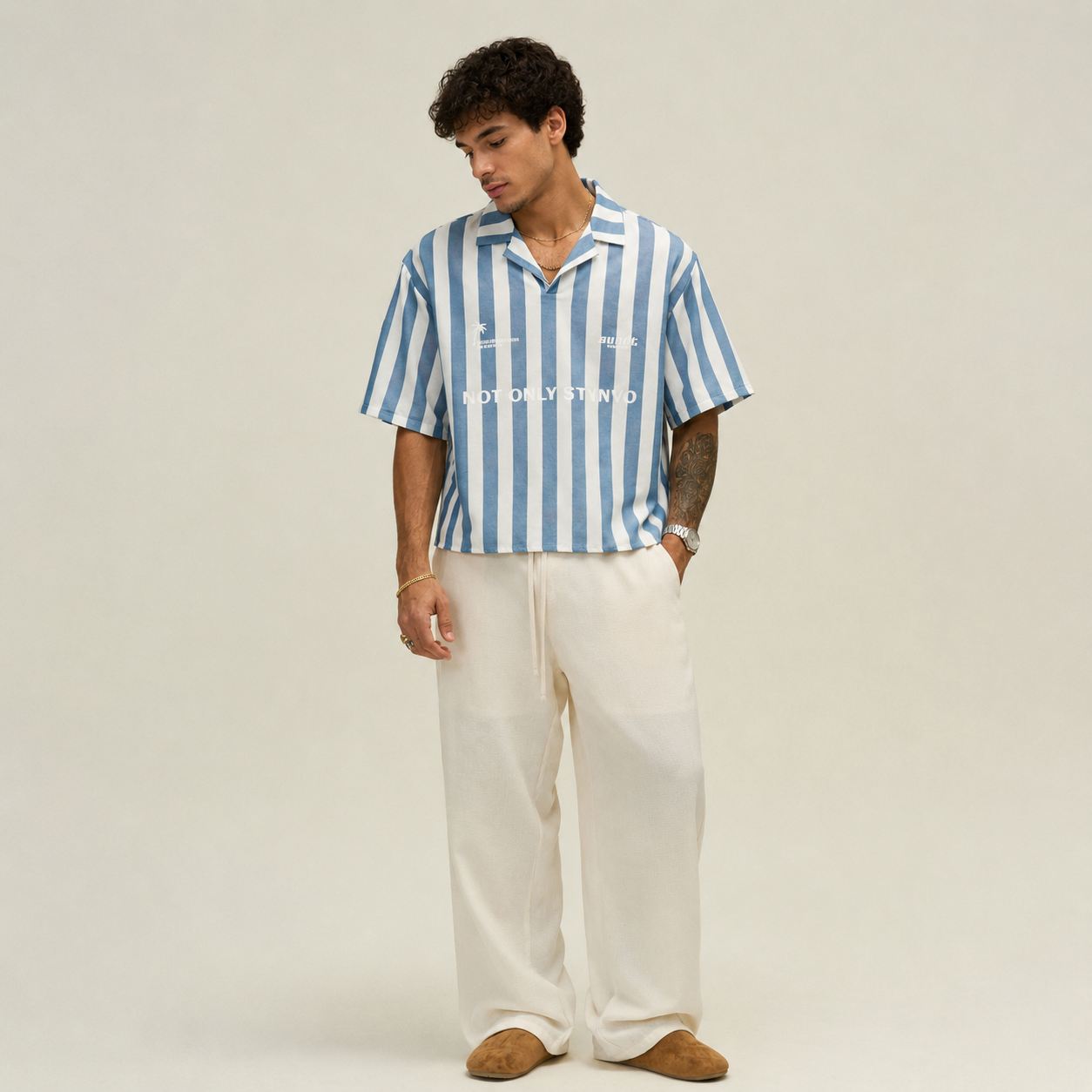 Casual Boxy Fit Striped Short Sleeve Camp Collar Shirt For Men