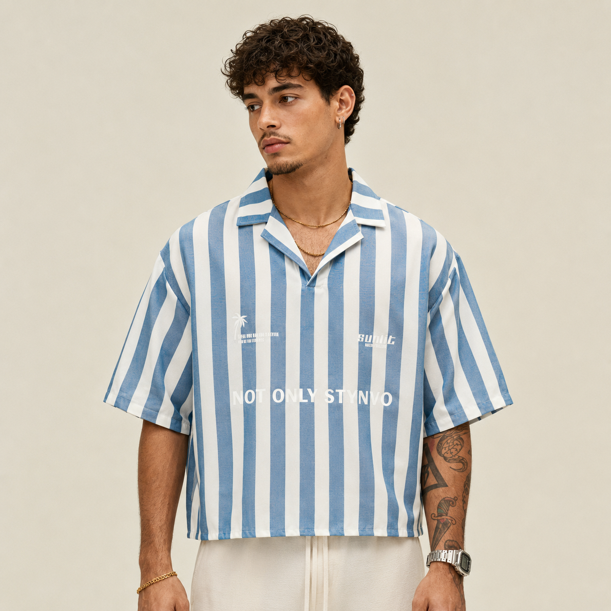 Casual Boxy Fit Striped Short Sleeve Camp Collar Shirt For Men