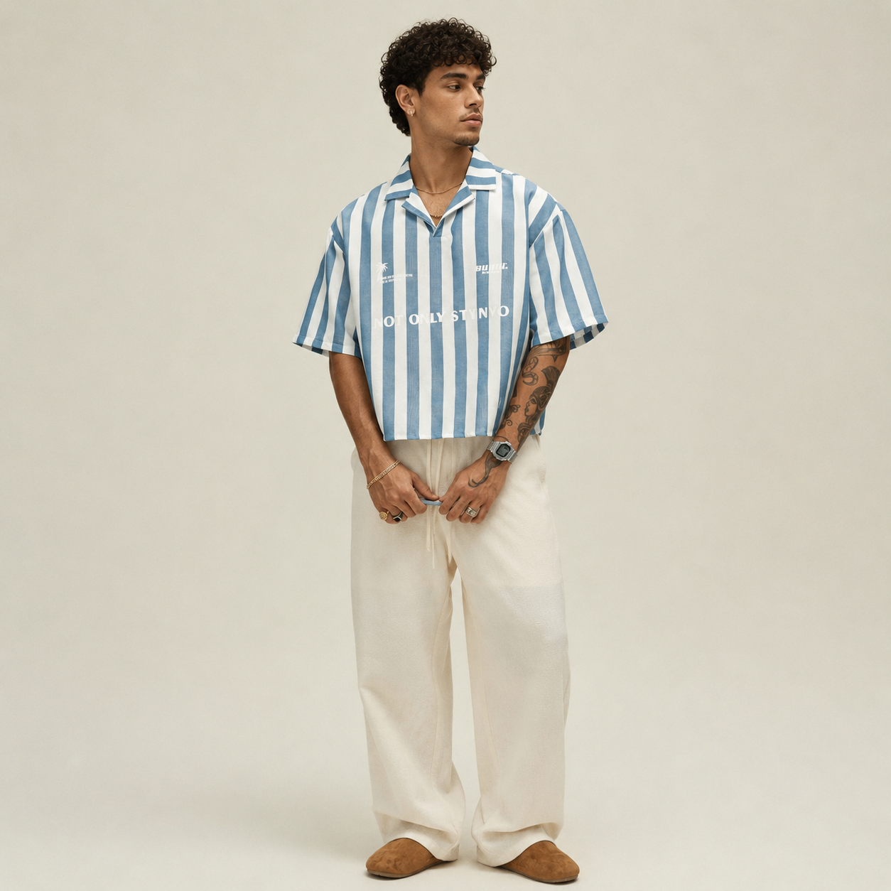 Casual Boxy Fit Striped Short Sleeve Camp Collar Shirt For Men